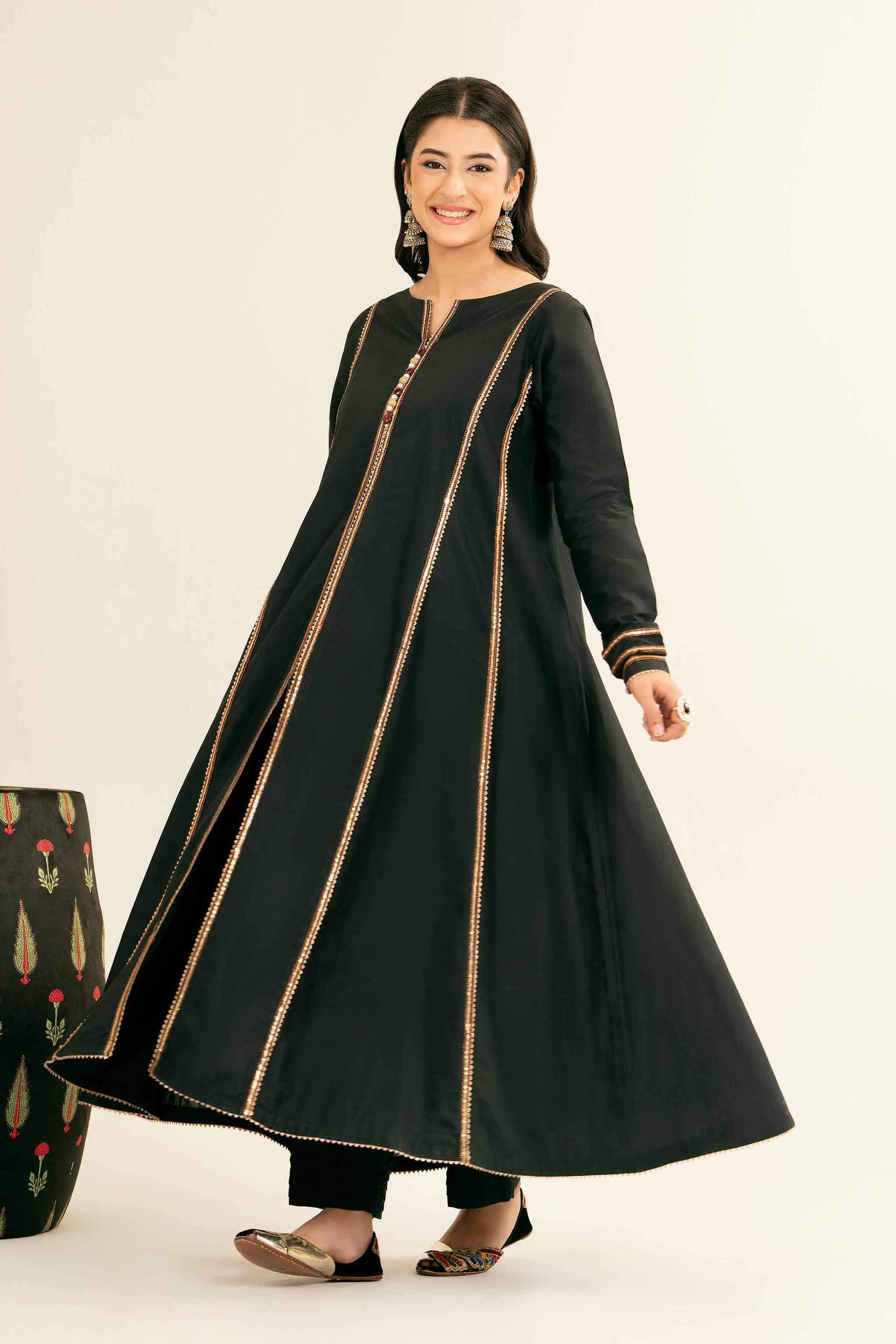 NishatUK - Black Embroidered Cambric 1-piece ready to wear Long Dress