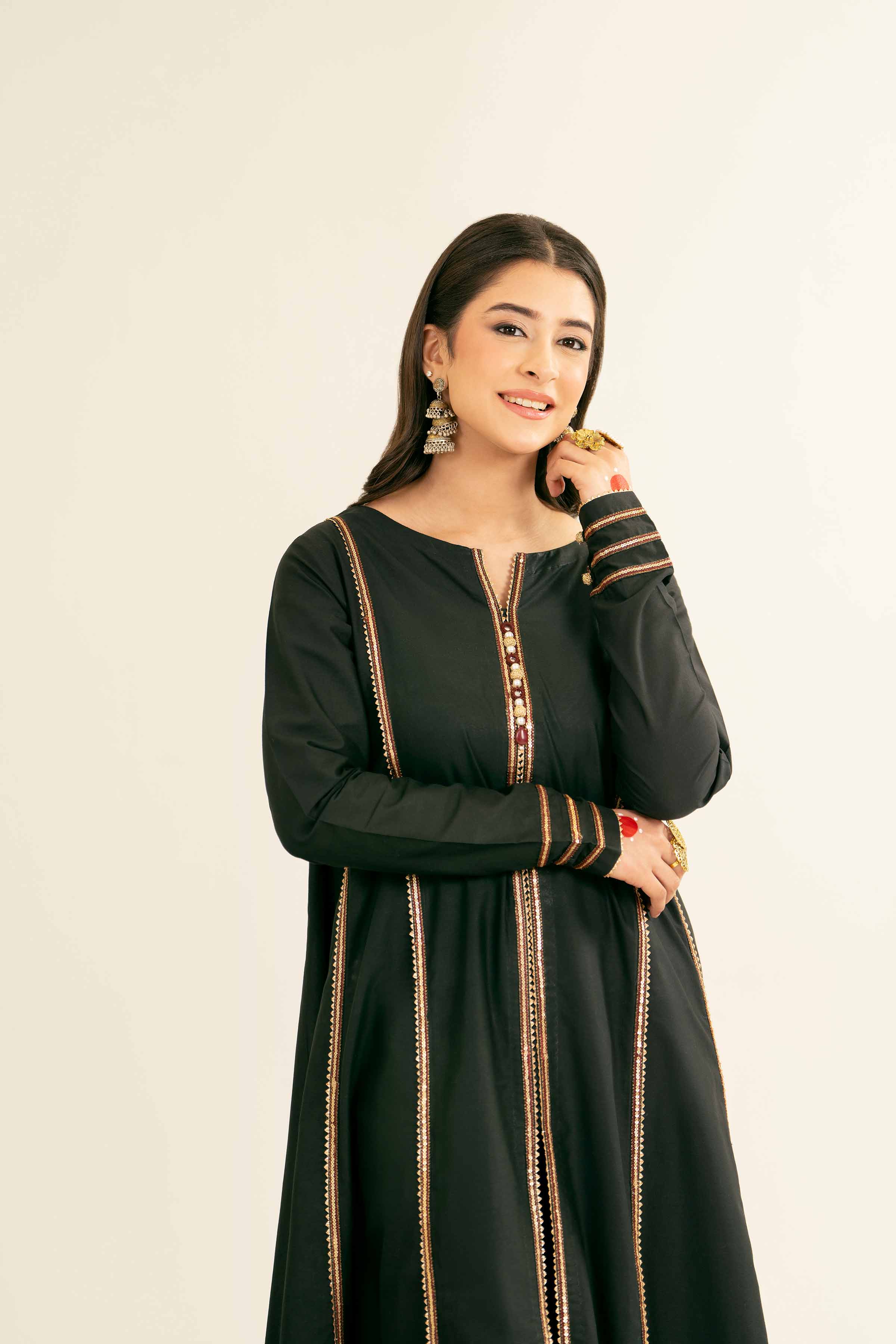 NishatUK - Black Embroidered Cambric 1-piece ready to wear Long Dress