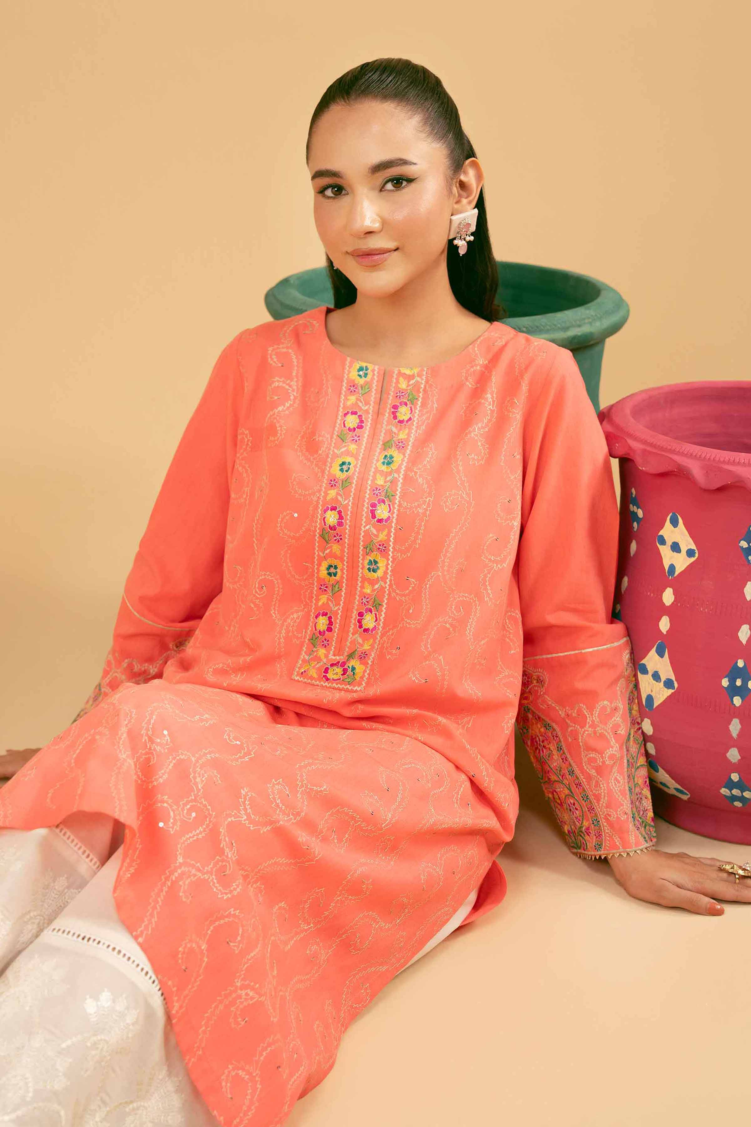 NishatUK - Peach Embroidered Yarn Dyed 1-piece ready to wear Shirt