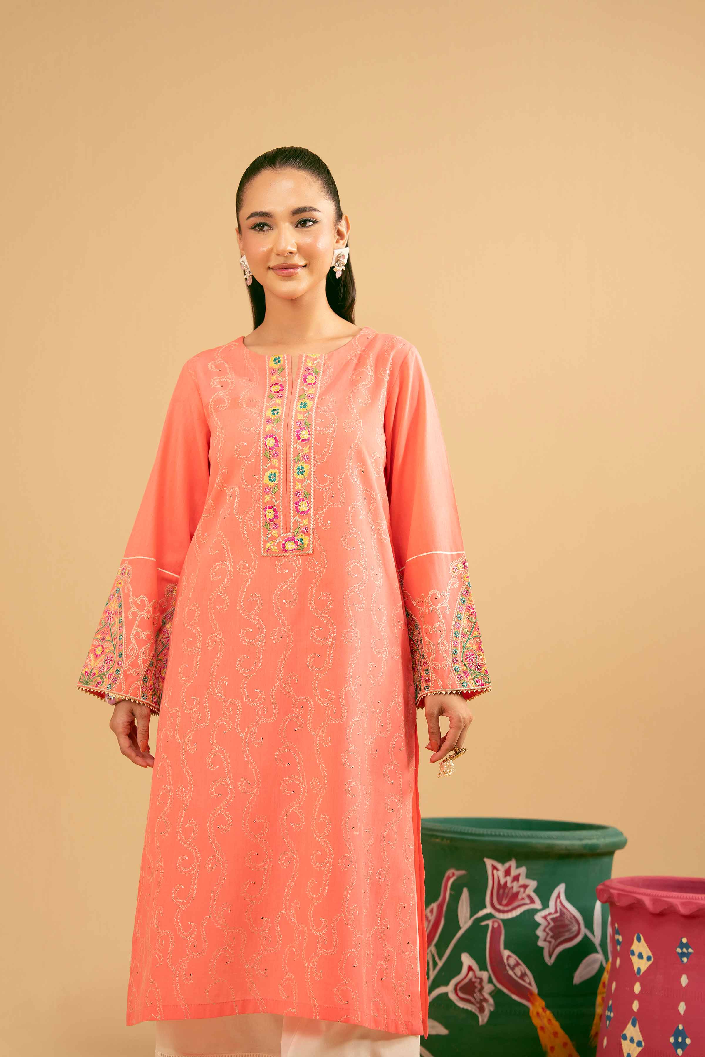 NishatUK - Peach Embroidered Yarn Dyed 1-piece ready to wear Shirt