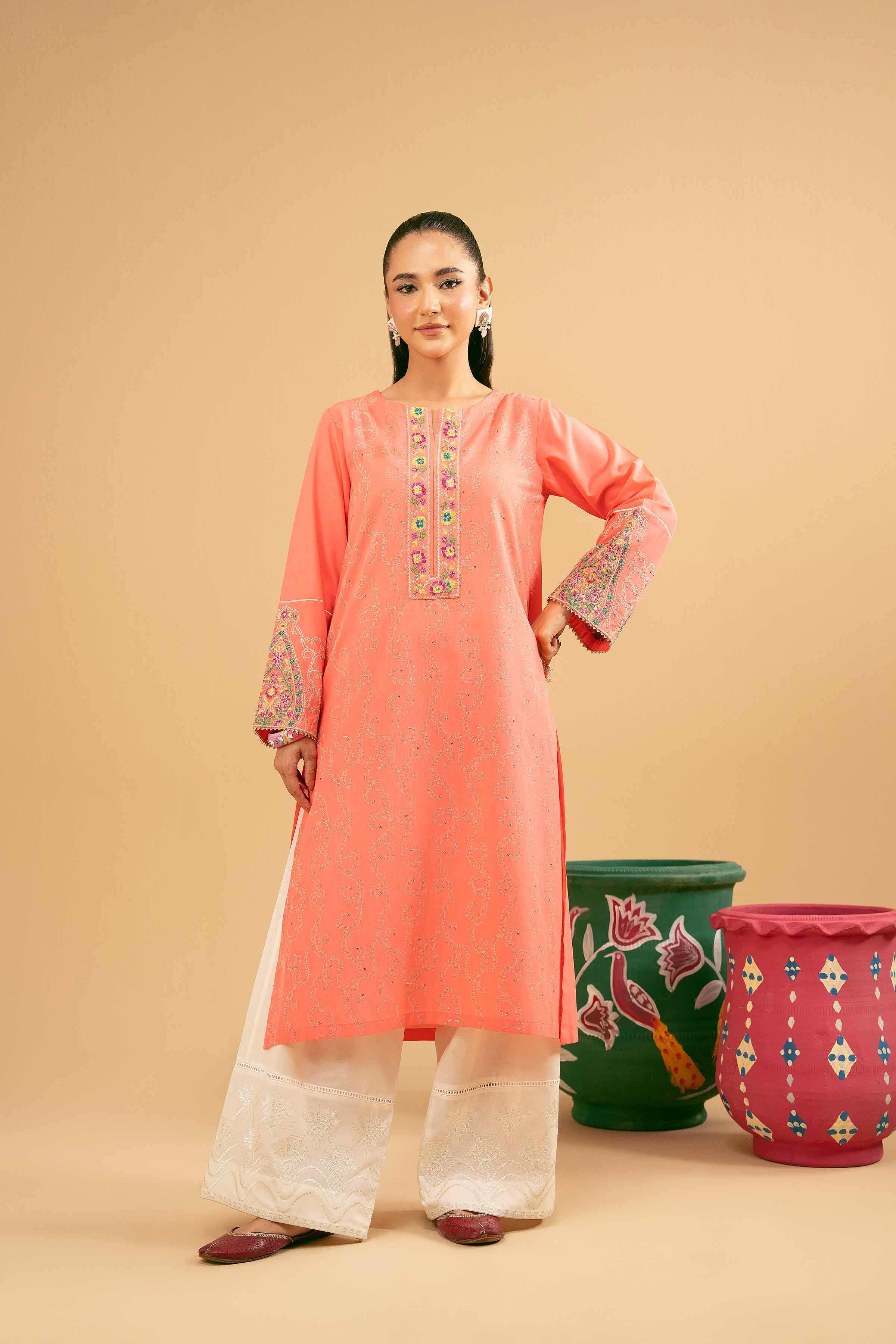 NishatUK - Peach Embroidered Yarn Dyed 1-piece ready to wear Shirt
