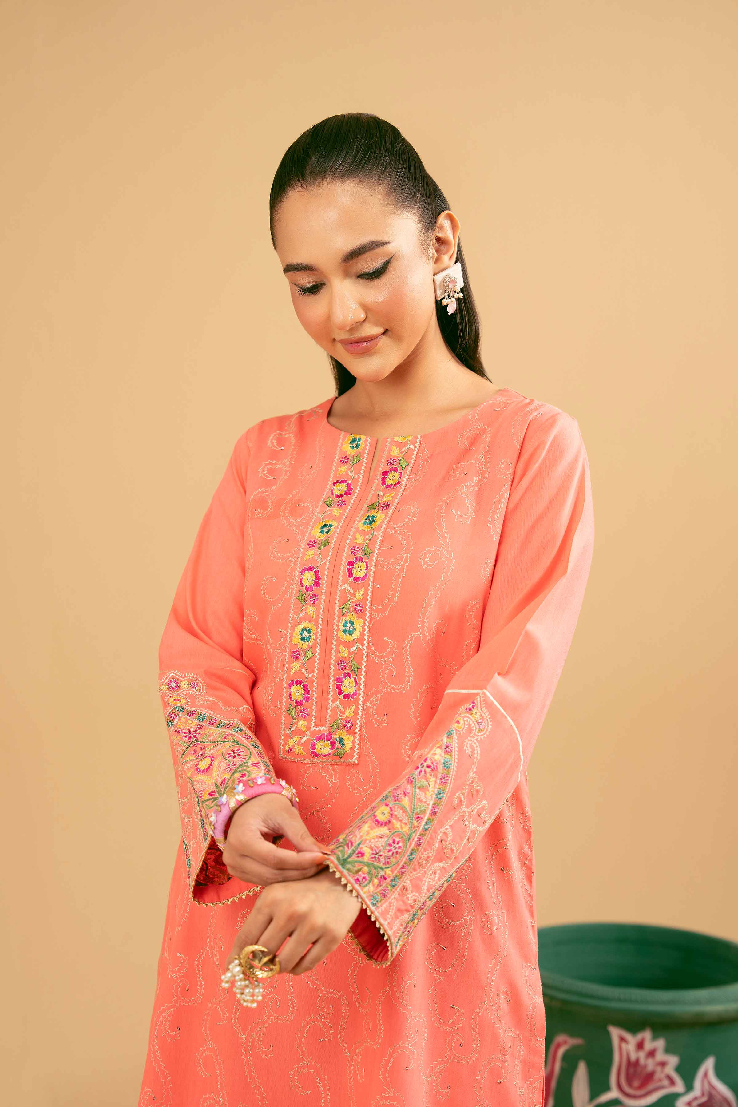 NishatUK - Peach Embroidered Yarn Dyed 1-piece ready to wear Shirt