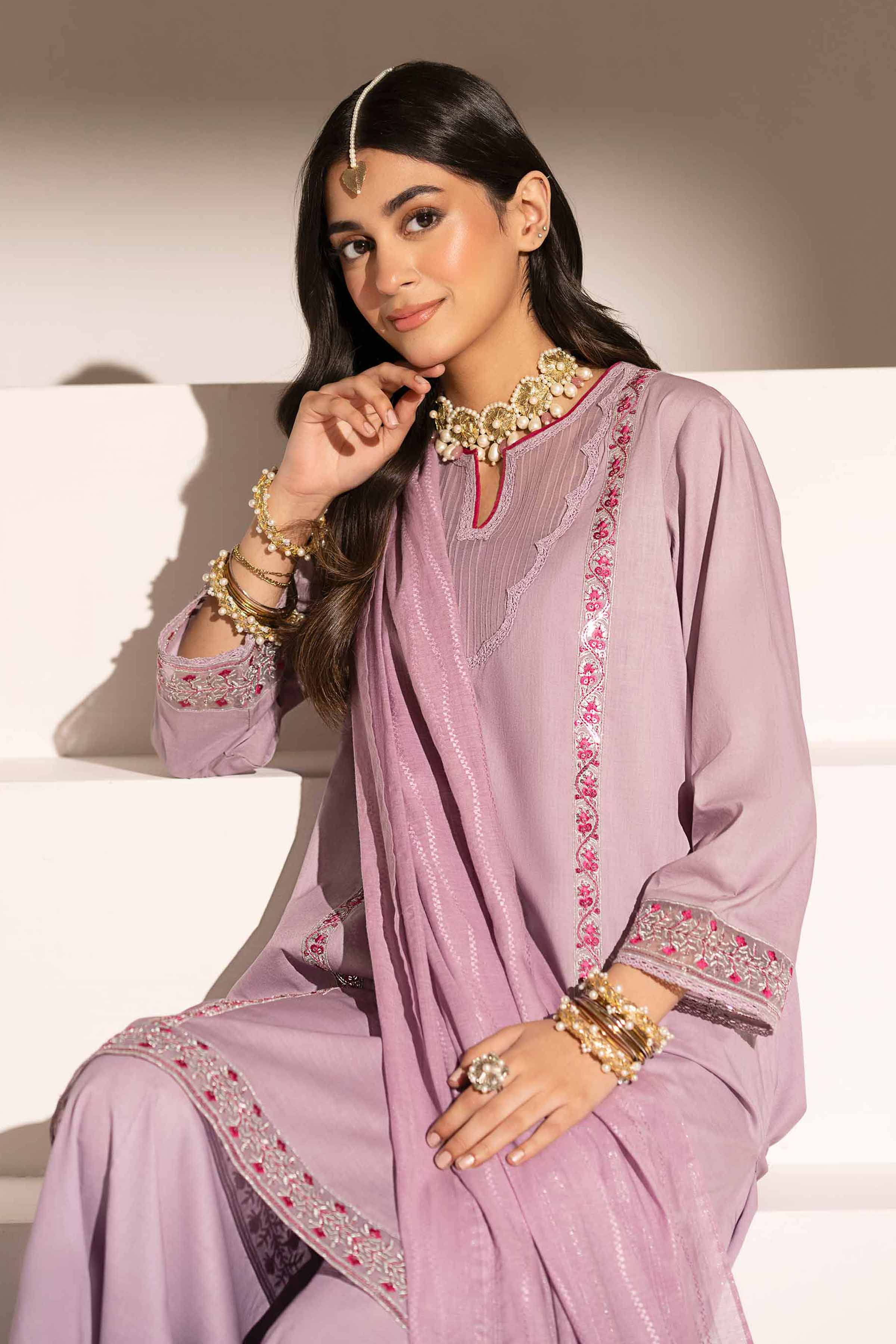 NishatUK - Purple Embroidered Cambric 3-piece ready to wear Suit
