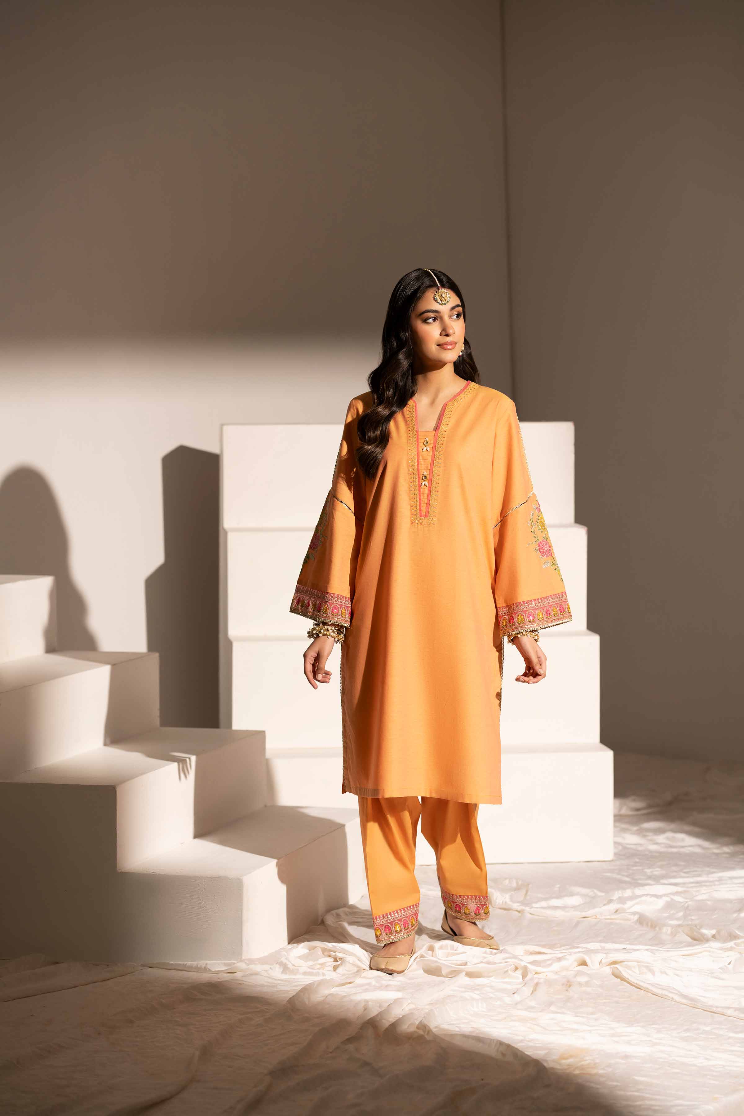 NishatUK - Peach Embroidered Yarn Dyed 2-piece ready to wear Dress