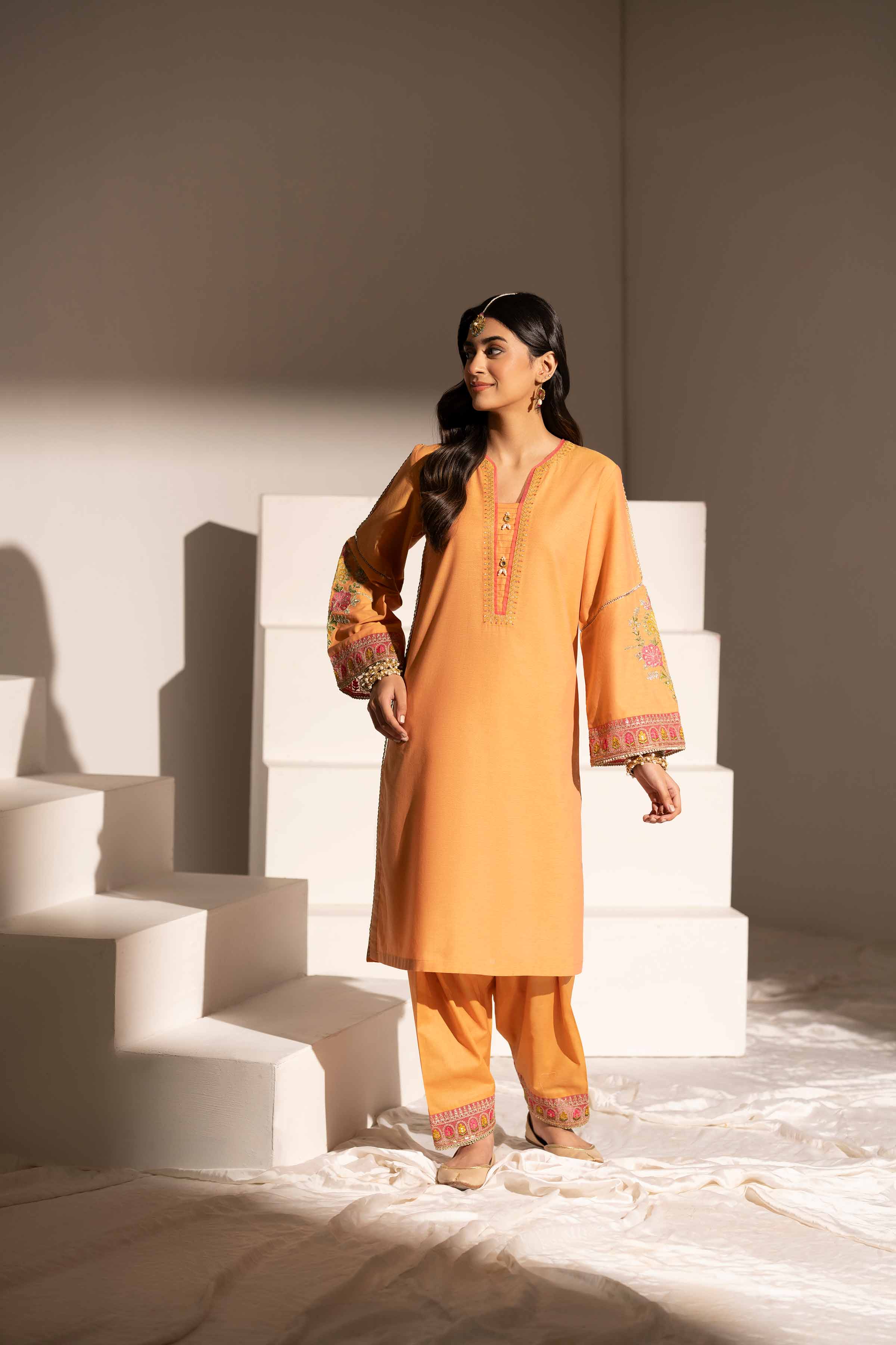 NishatUK - Peach Embroidered Yarn Dyed 2-piece ready to wear Dress