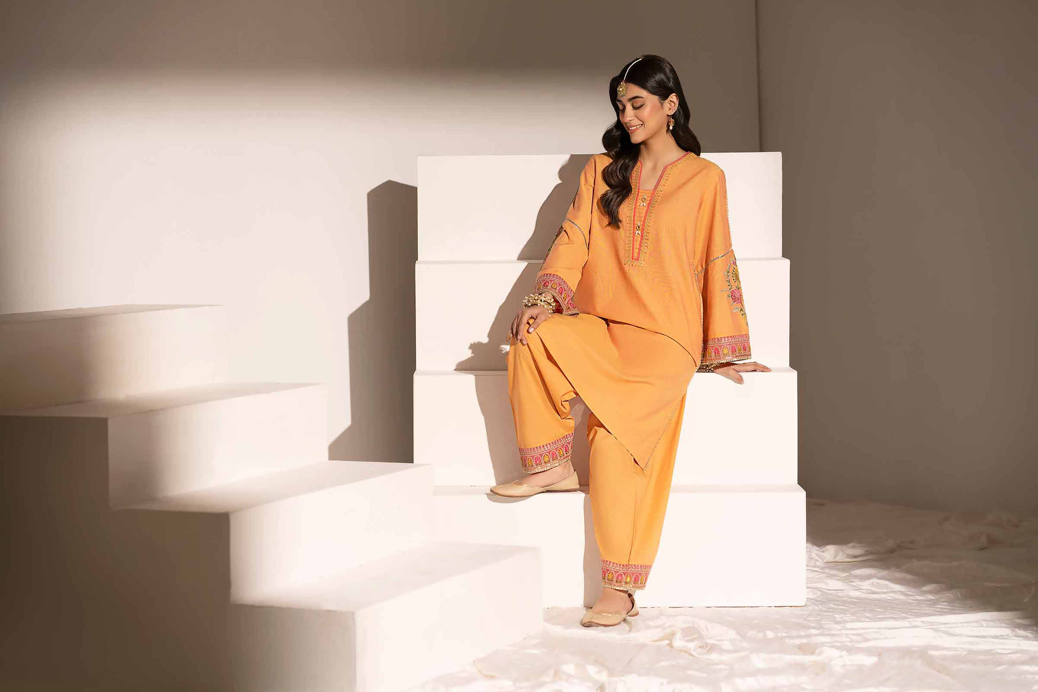 NishatUK - Peach Embroidered Yarn Dyed 2-piece ready to wear Dress