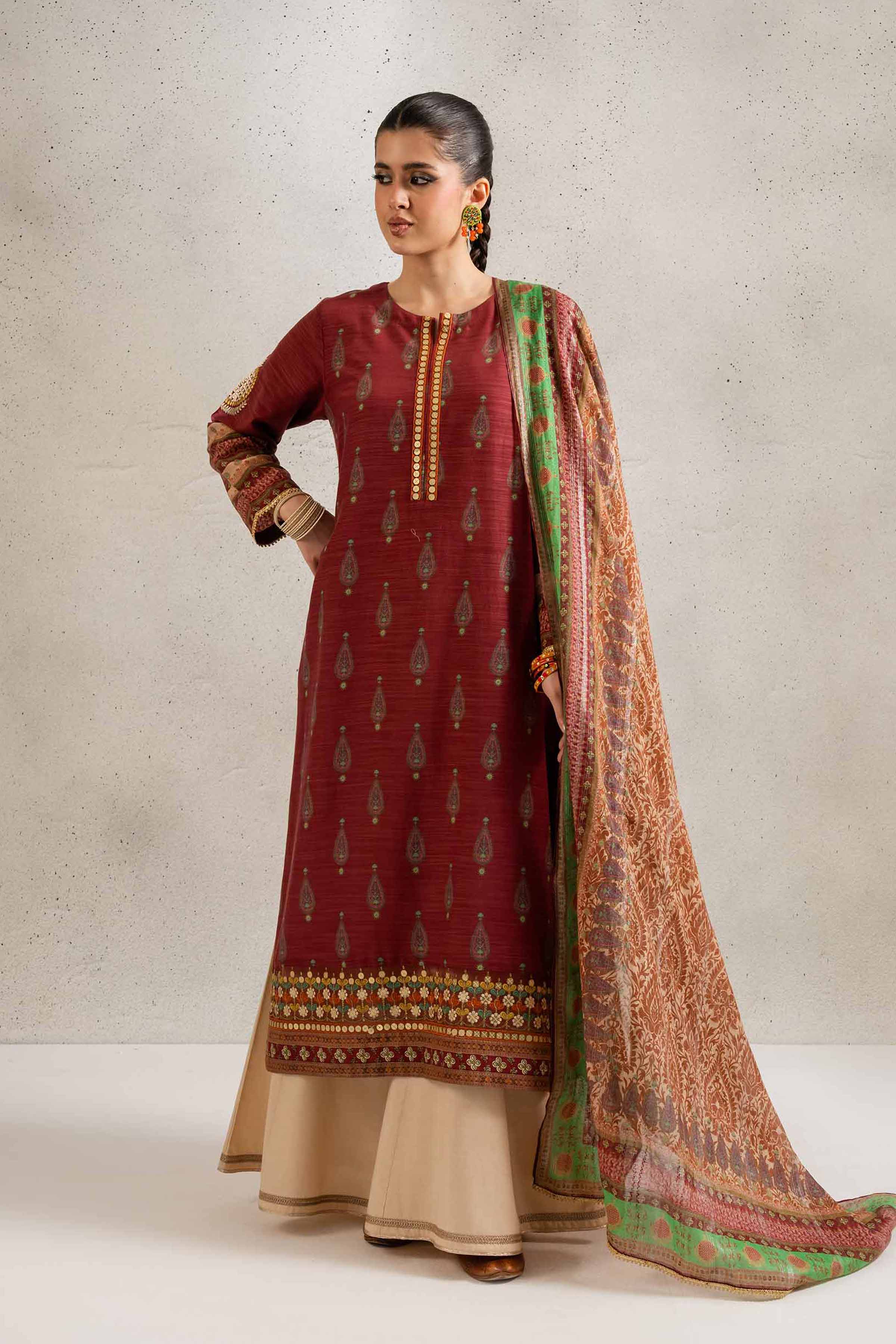 NishatUK - Brown Embroidered Silk 2-piece ready to wear Dress