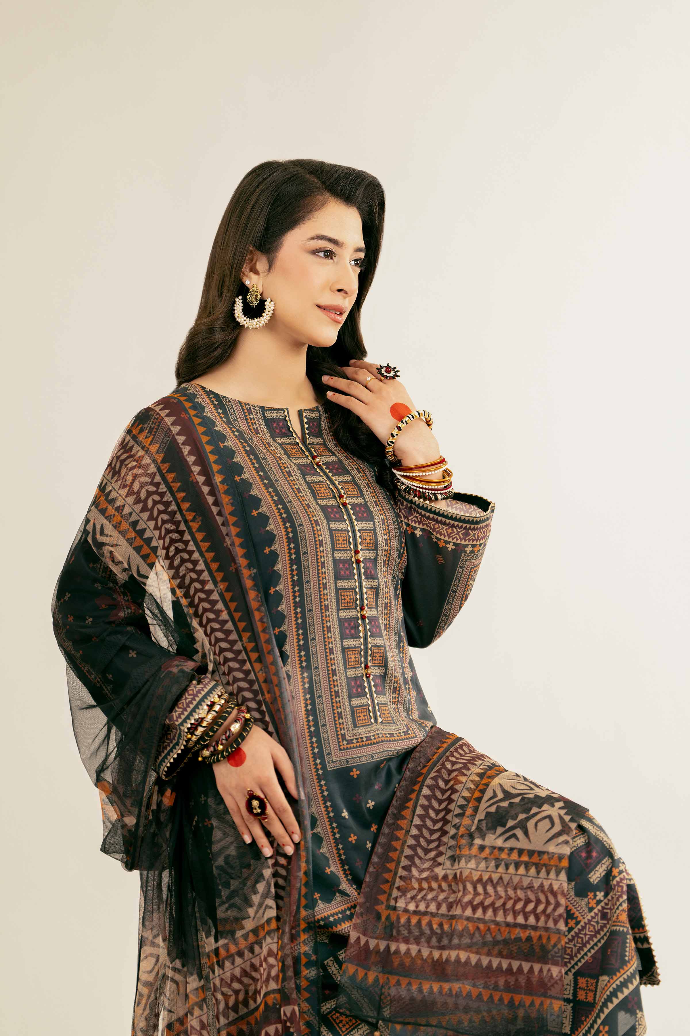 NishatUK - Brown Printed Lawn 3-piece ready to wear Suit