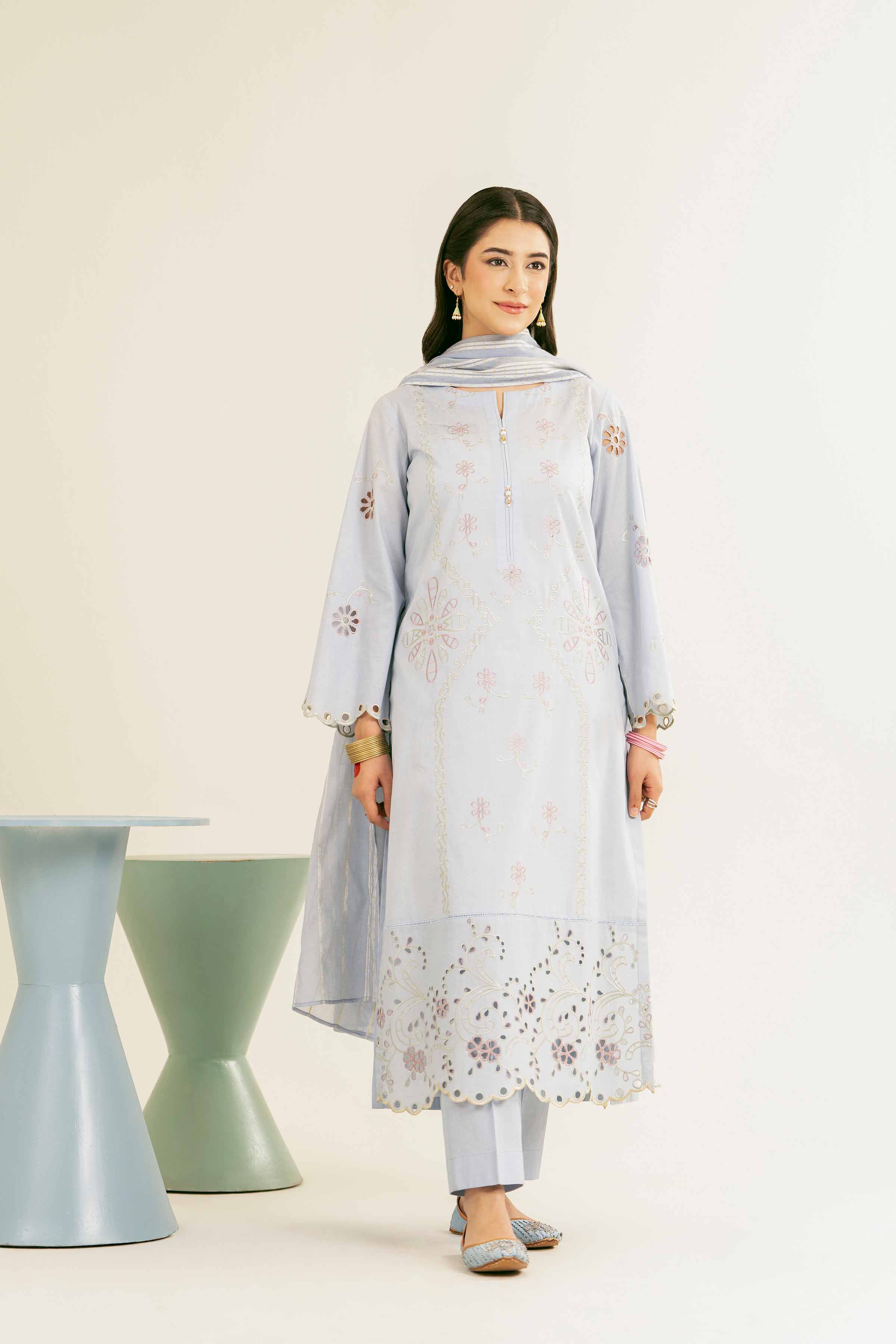 NishatUK - Sky Blue Embroidered Cambric 3-piece ready to wear Suit