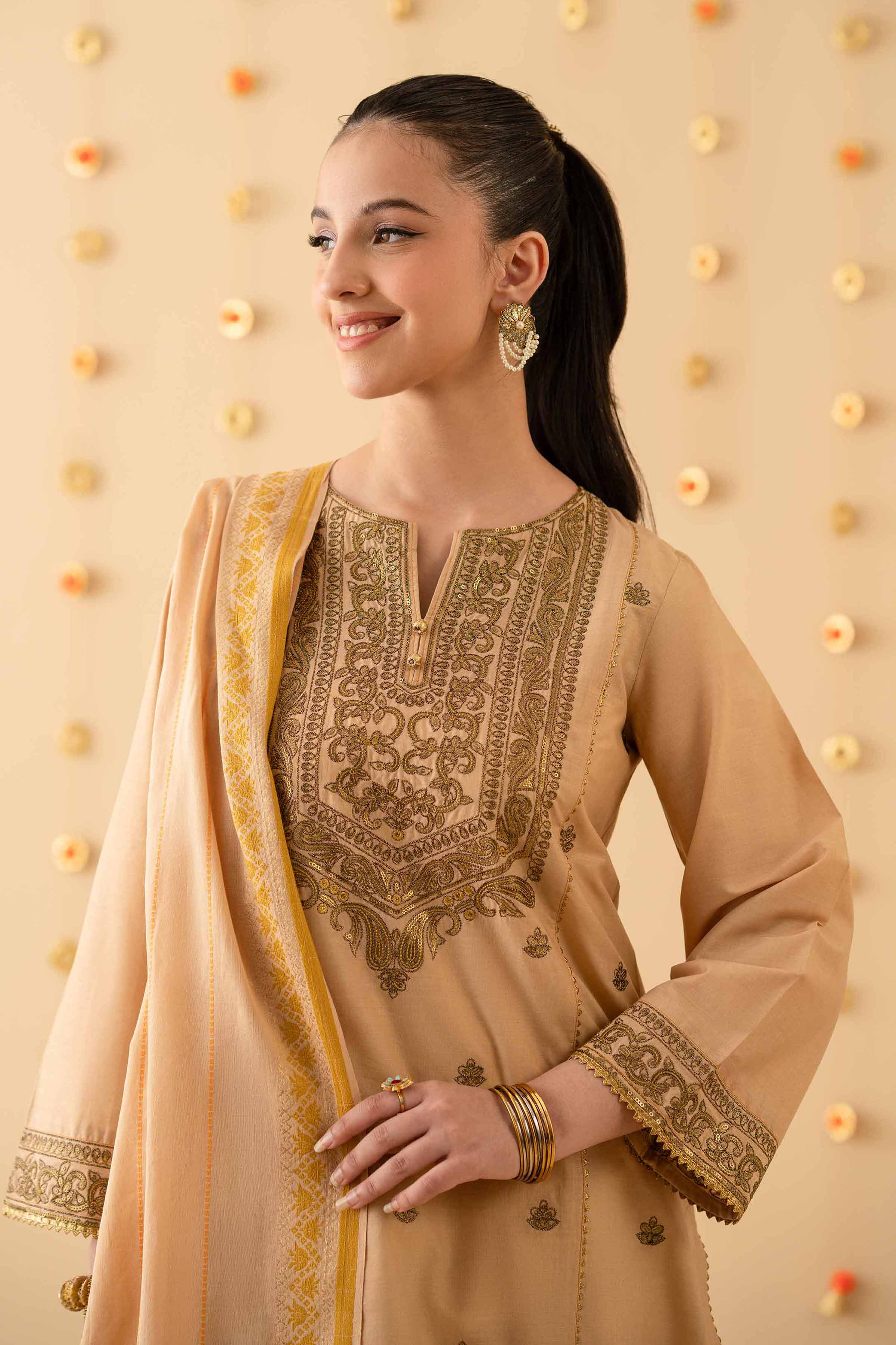 NishatUK - Beige Embroidered Cambric 3-piece ready to wear Suit