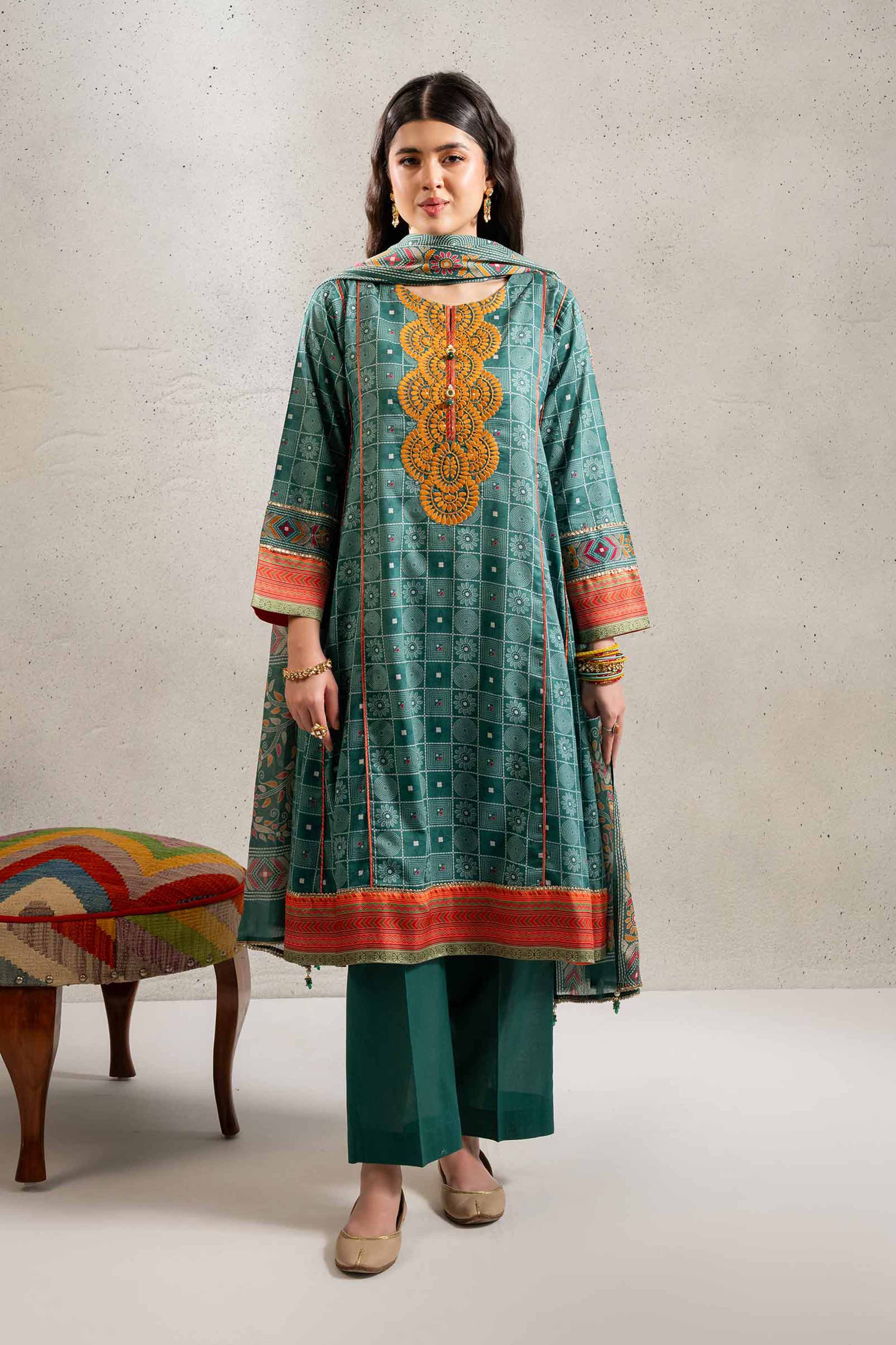 NishatUK - Brown Embroidered Lawn 3-piece ready to wear Suit