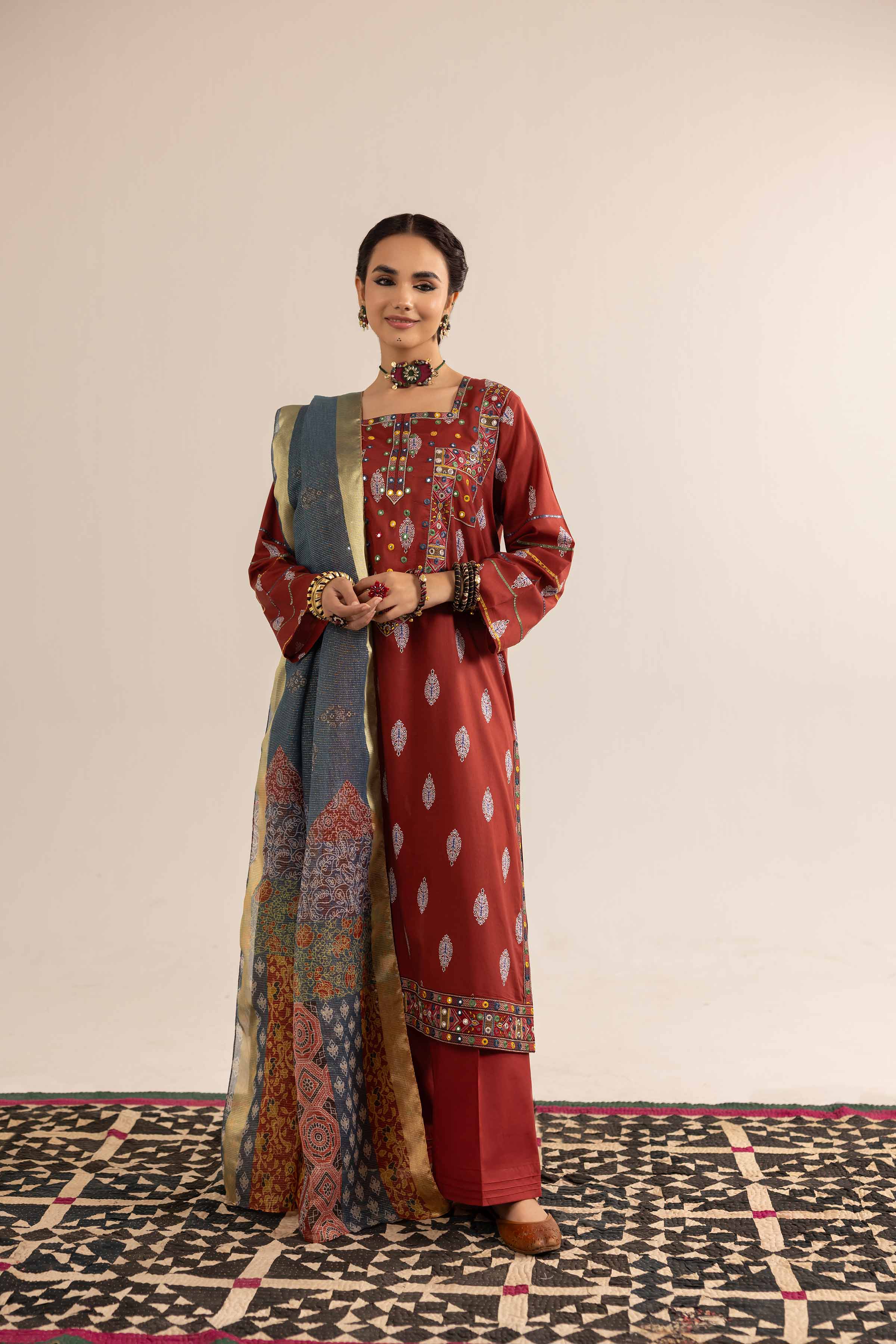NishatUK - Brown Embroidered Lawn 3-piece ready to wear Suit