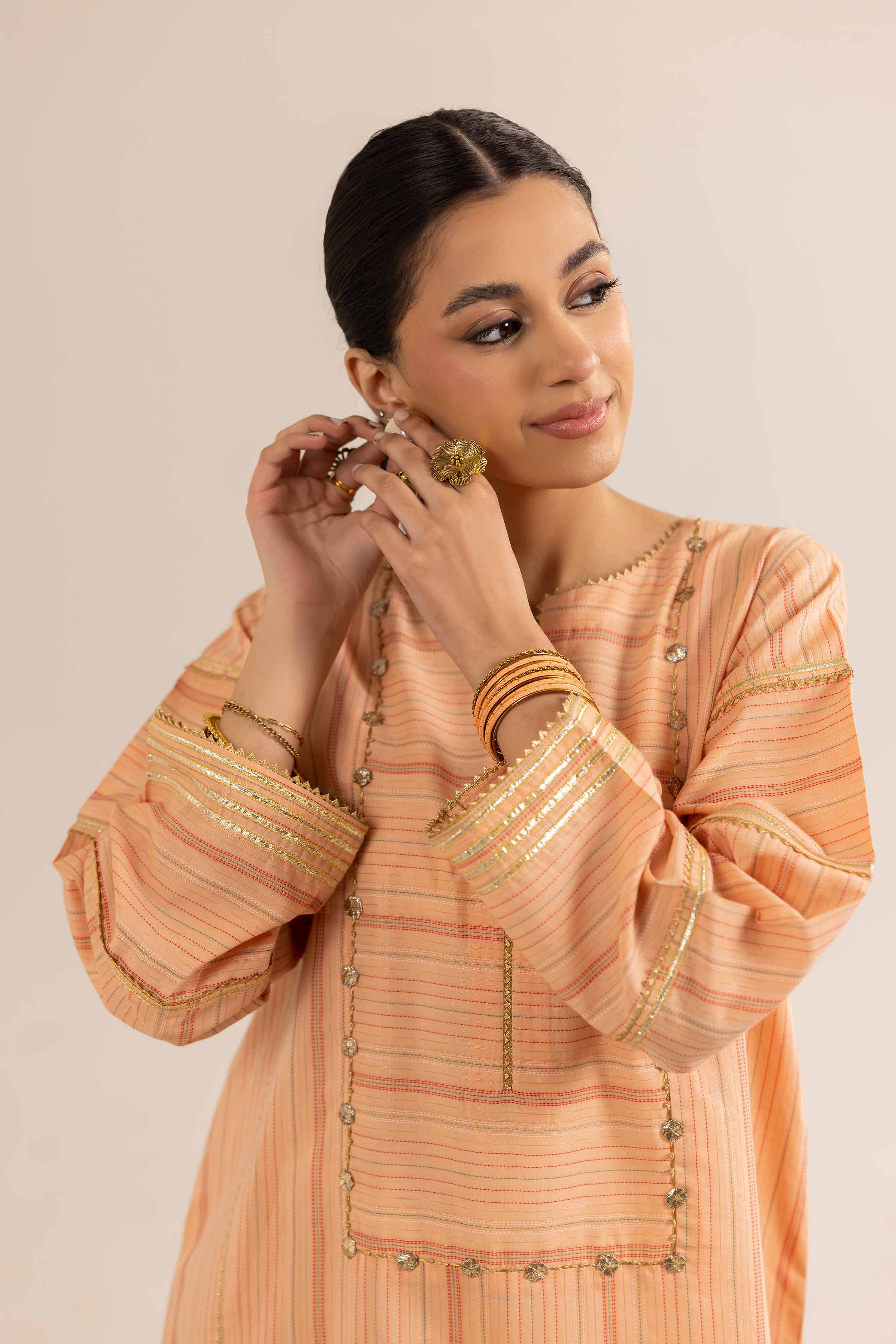 NishatUK - Peach Solids Jacquard 1-piece ready to wear Kurta