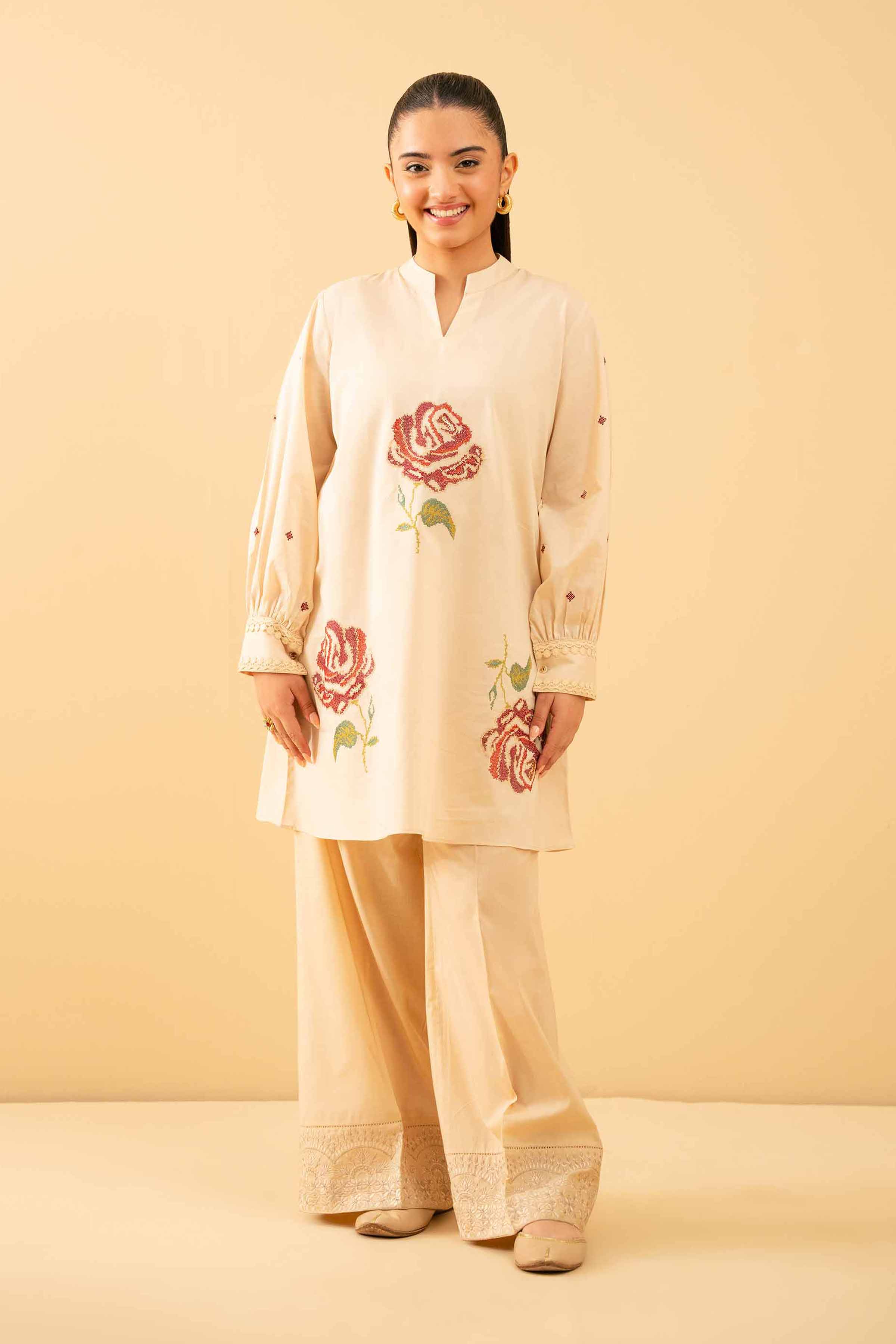 NishatUK - Beige Embroidered Cambric 1-piece ready to wear Tunic