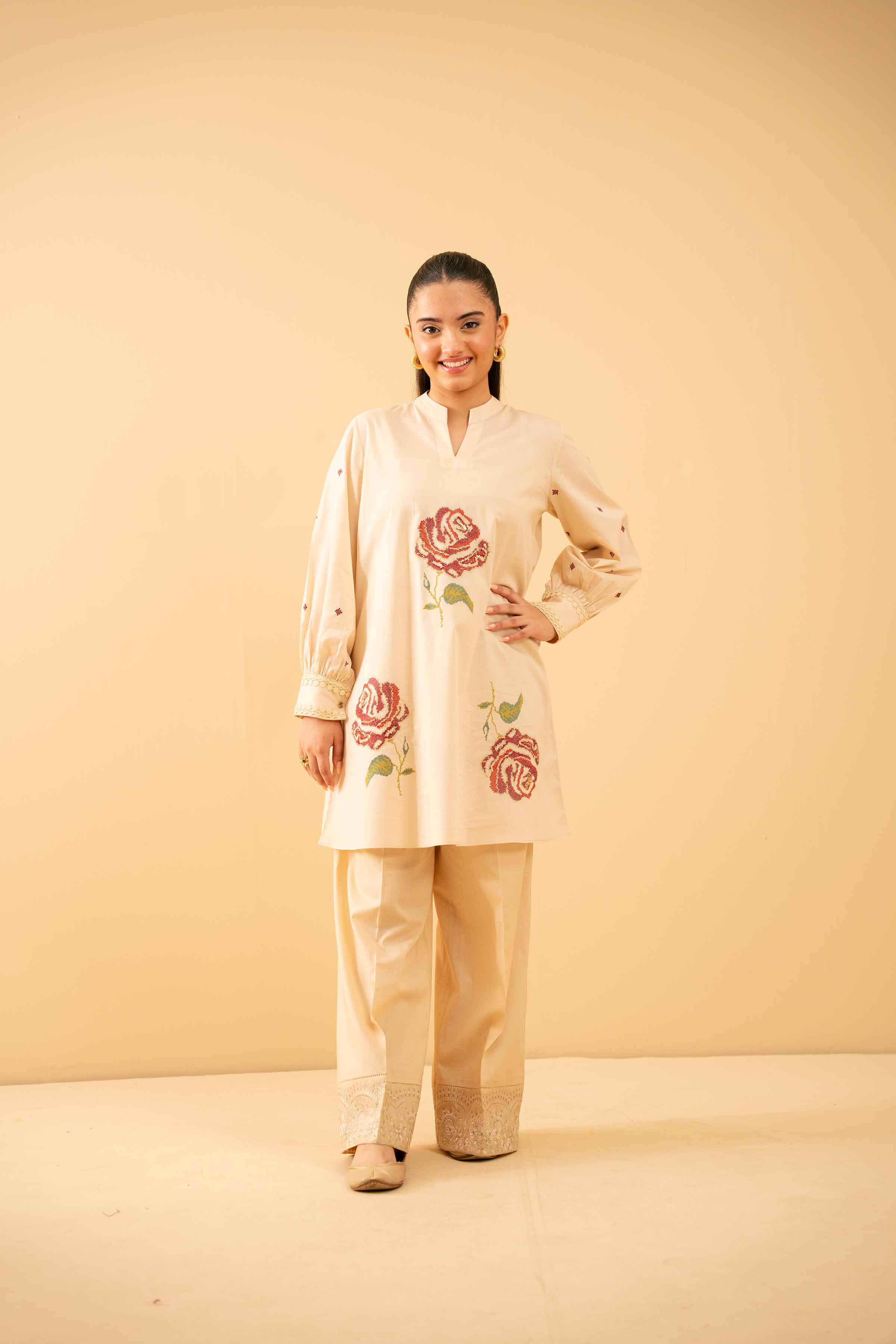 NishatUK - Beige Embroidered Cambric 1-piece ready to wear Tunic