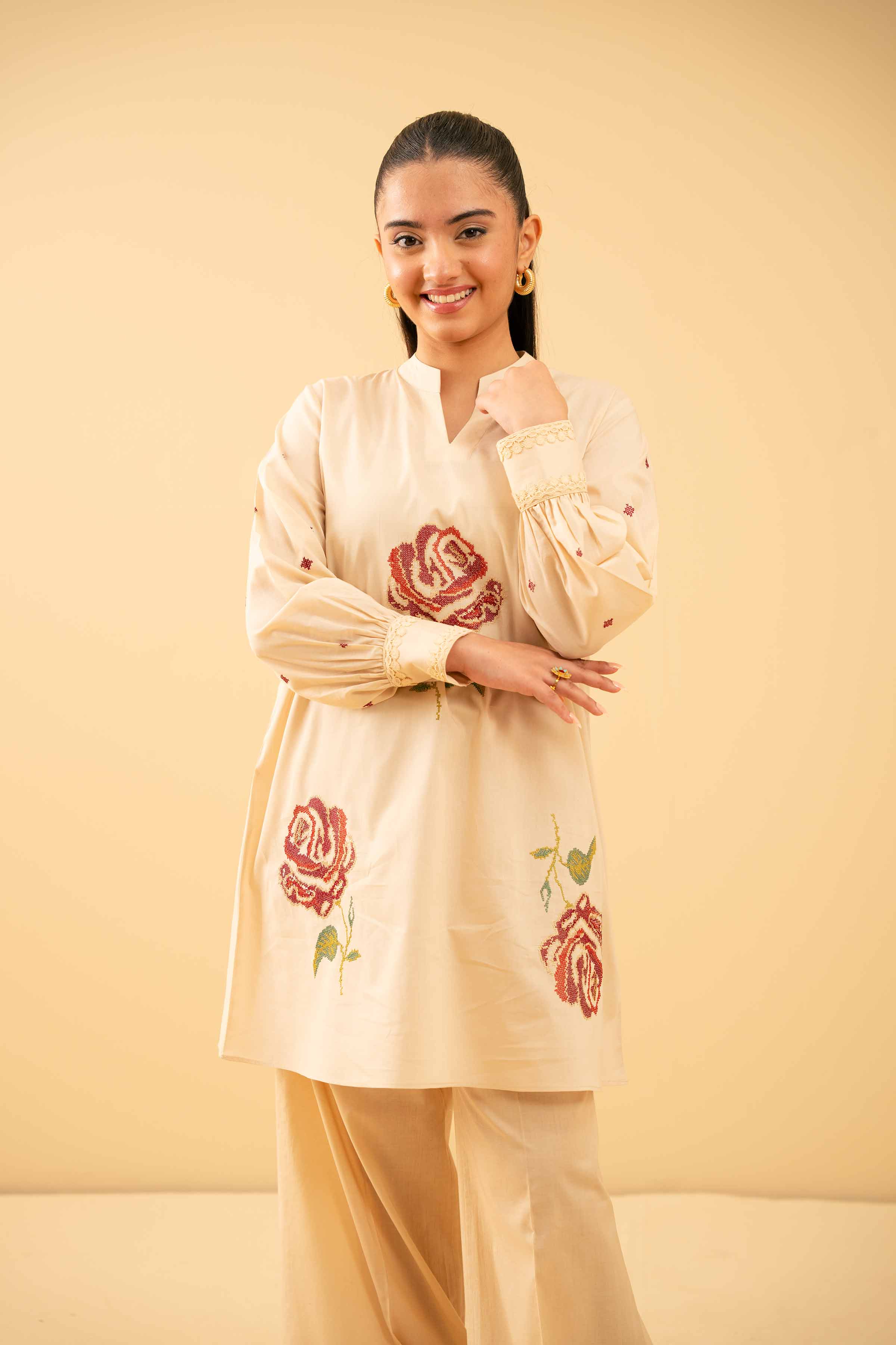 NishatUK - Beige Embroidered Cambric 1-piece ready to wear Tunic