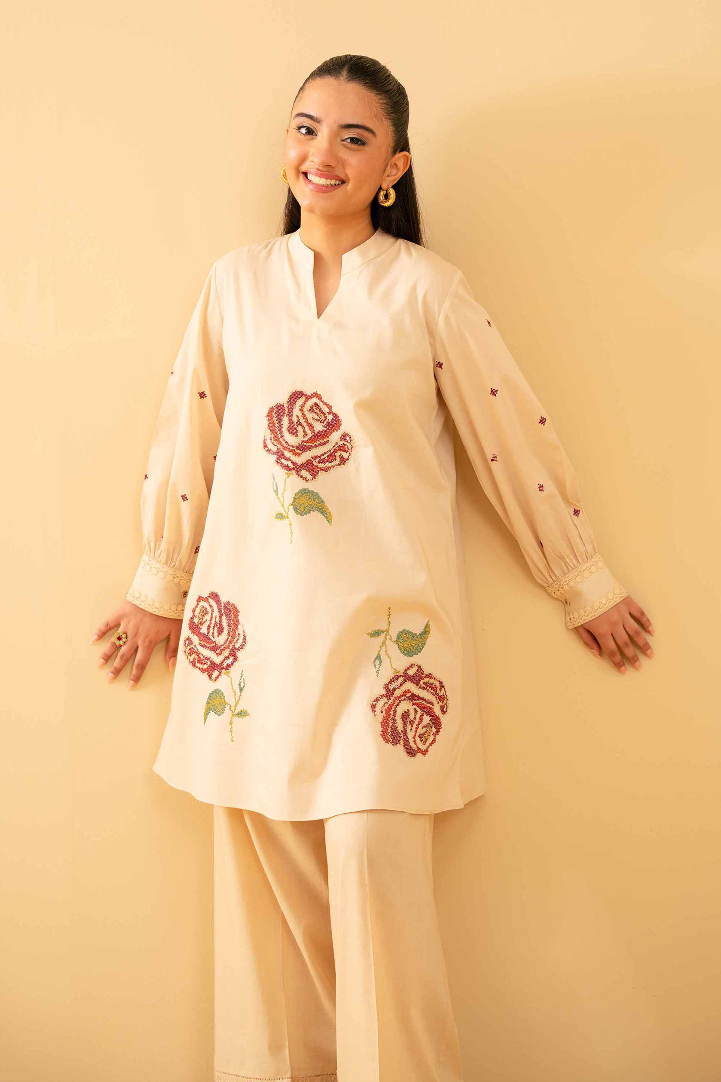 NishatUK - Beige Embroidered Cambric 1-piece ready to wear Tunic
