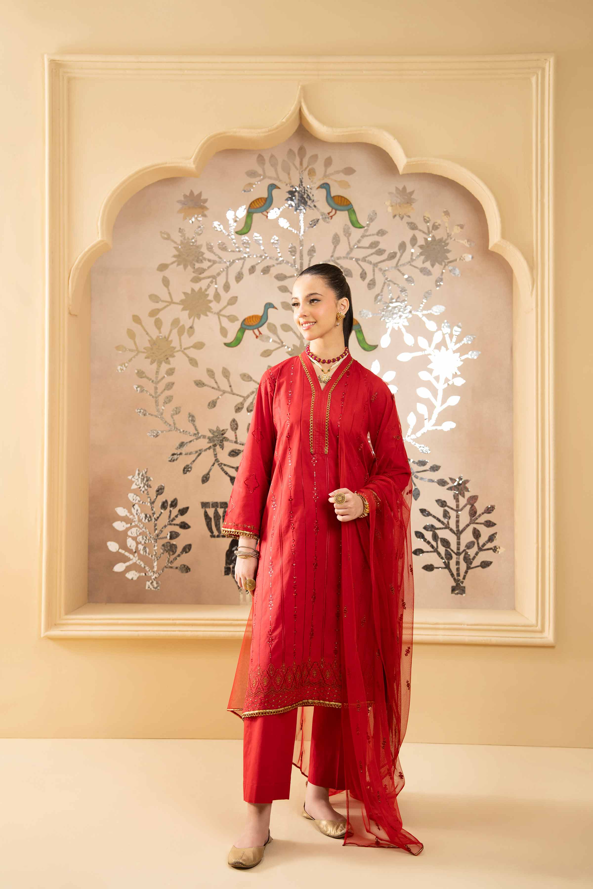 NishatUK - Red Embroidered Cambric 3-piece ready to wear Suit