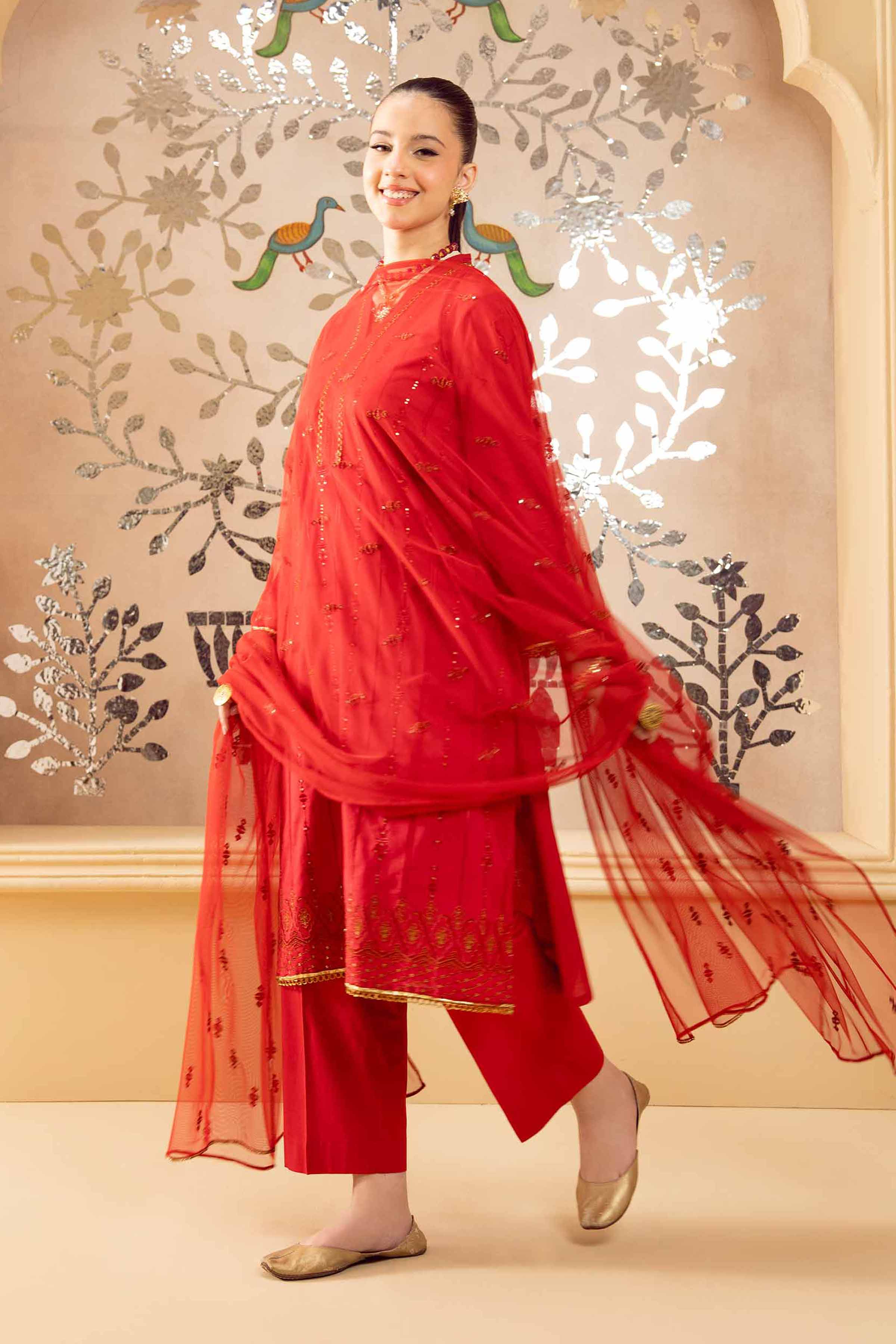 NishatUK - Red Embroidered Cambric 3-piece ready to wear Suit