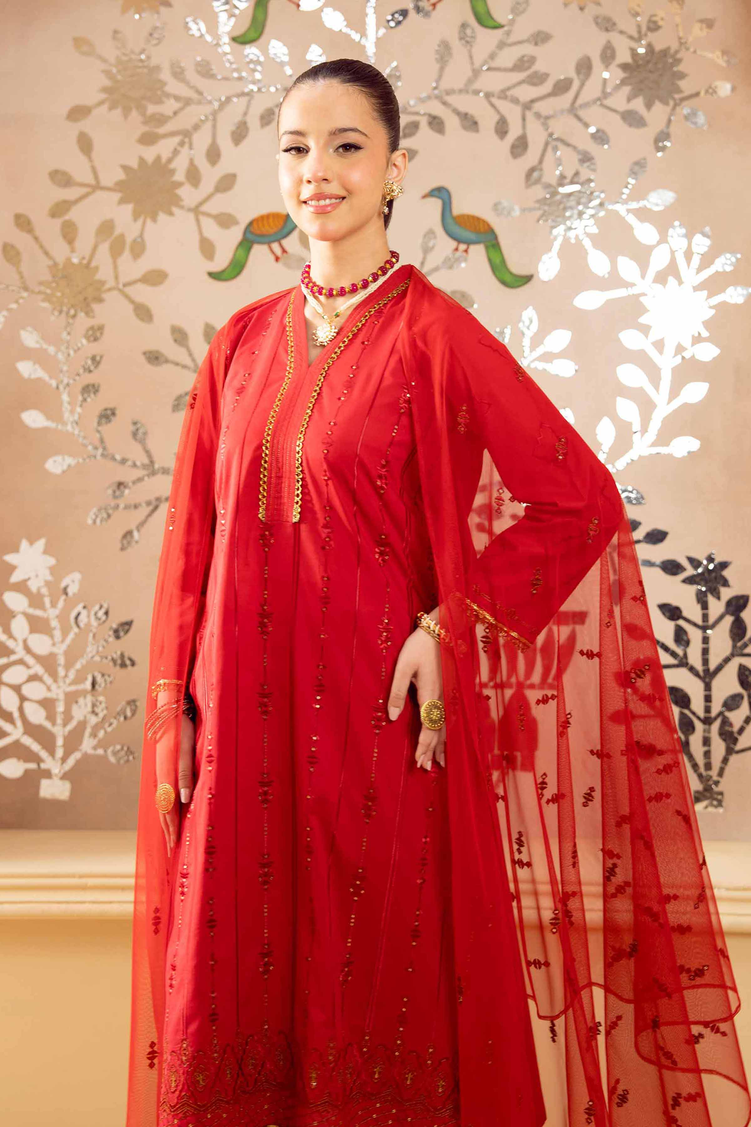 NishatUK - Red Embroidered Cambric 3-piece ready to wear Suit