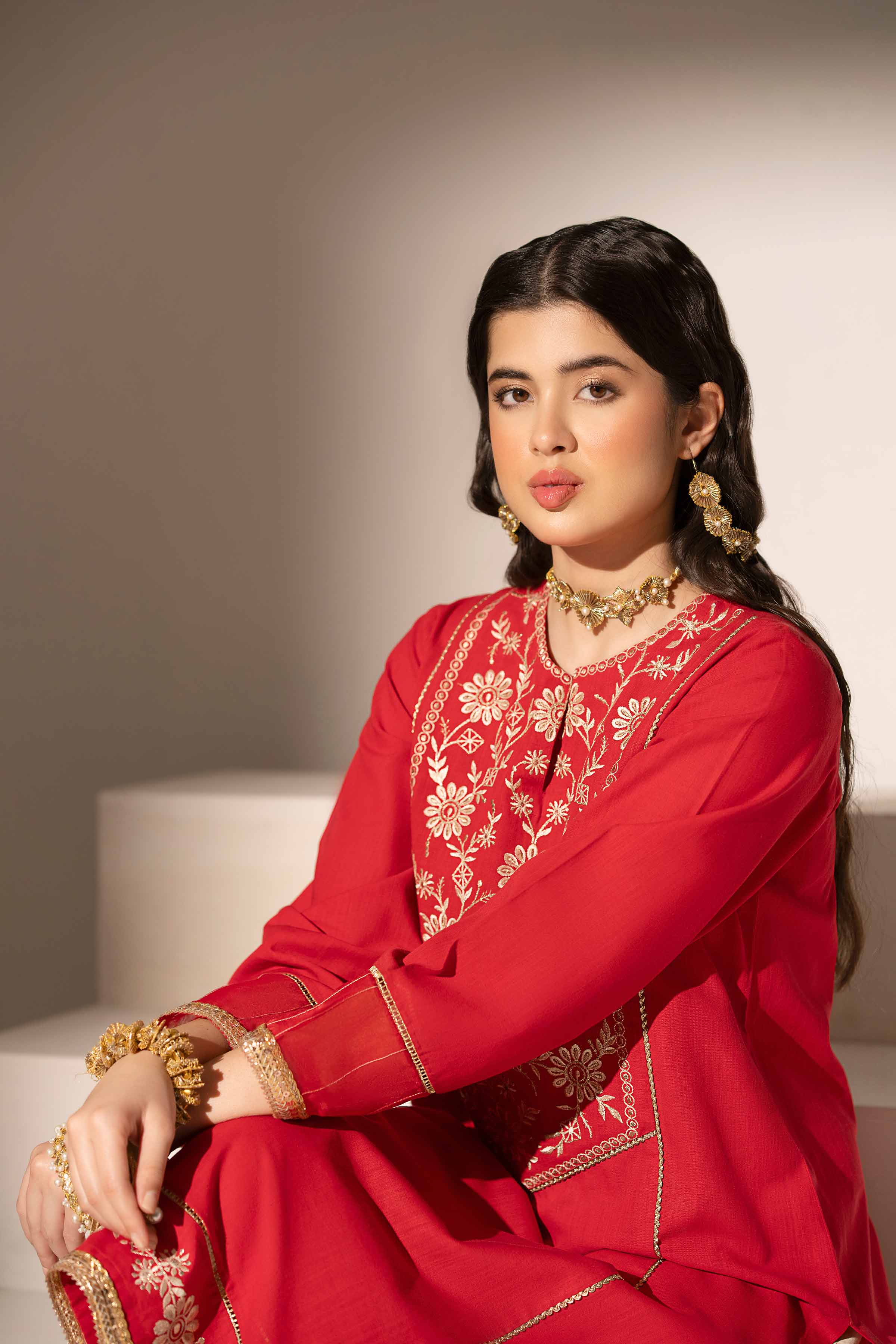 NishatUK - Red Embroidered Yarn Dyed 1-piece ready to wear Shirt