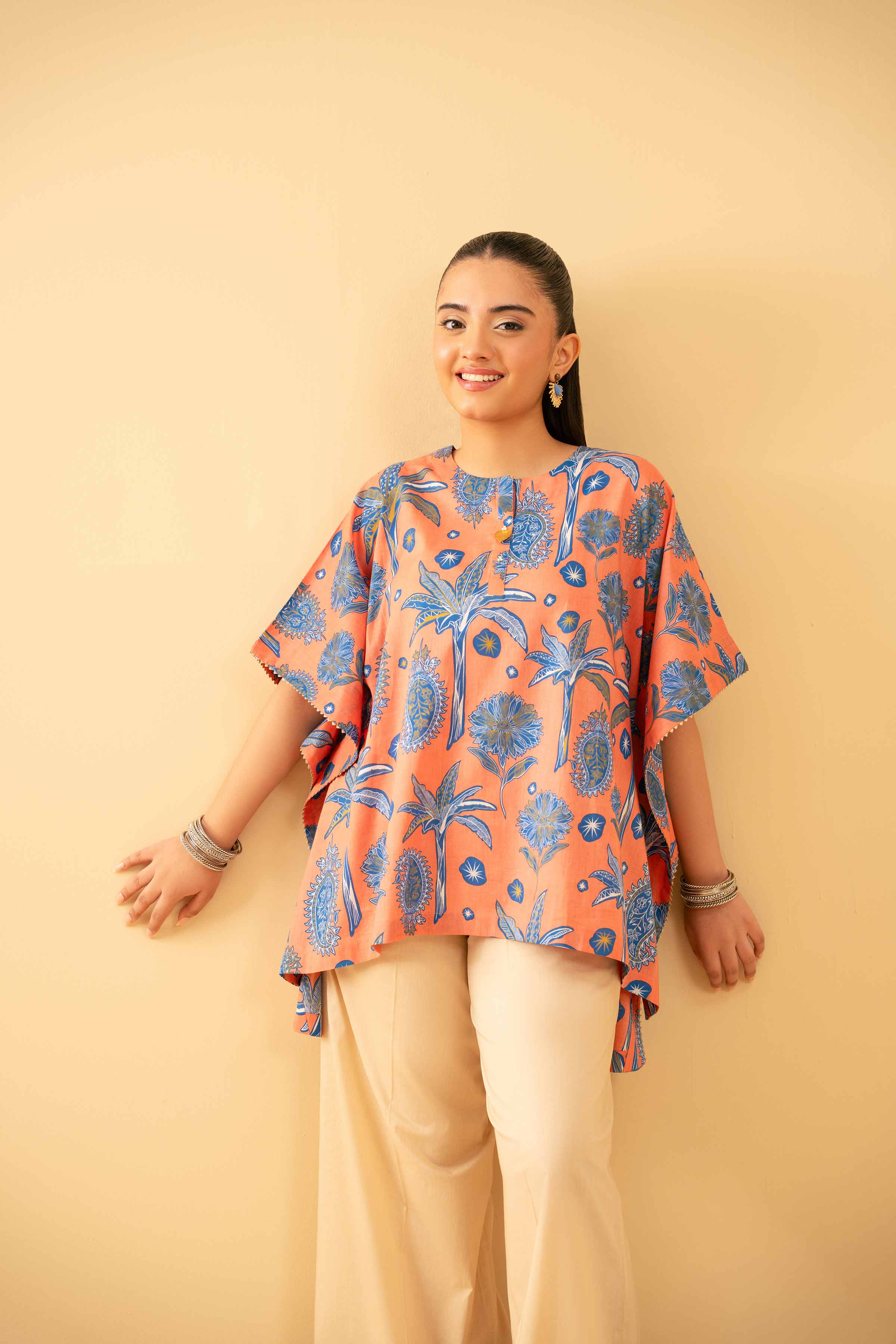 NishatUK - Peach Printed Lawn 1-piece ready to wear Kaftan