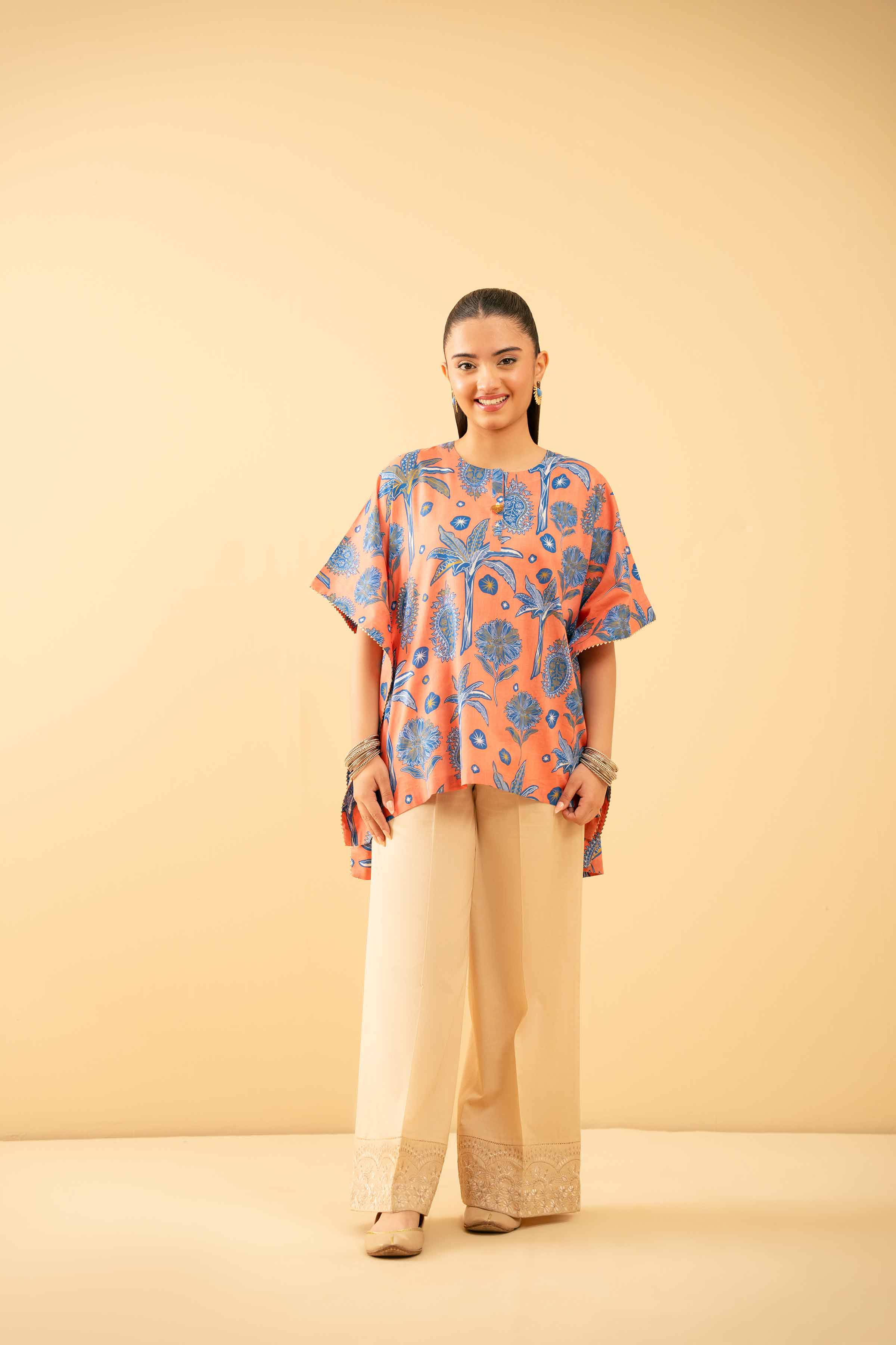 NishatUK - Peach Printed Lawn 1-piece ready to wear Kaftan