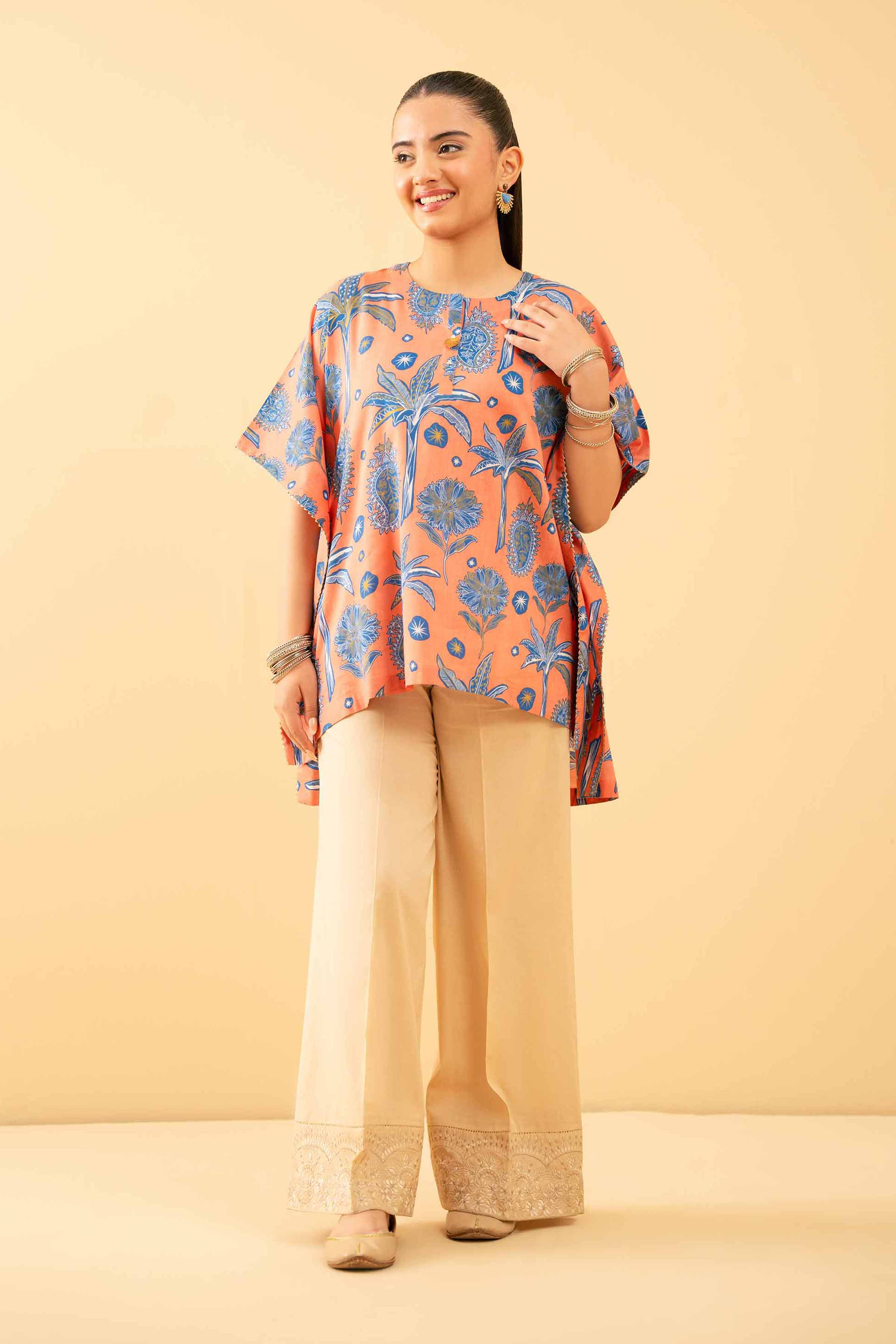 NishatUK - Peach Printed Lawn 1-piece ready to wear Kaftan