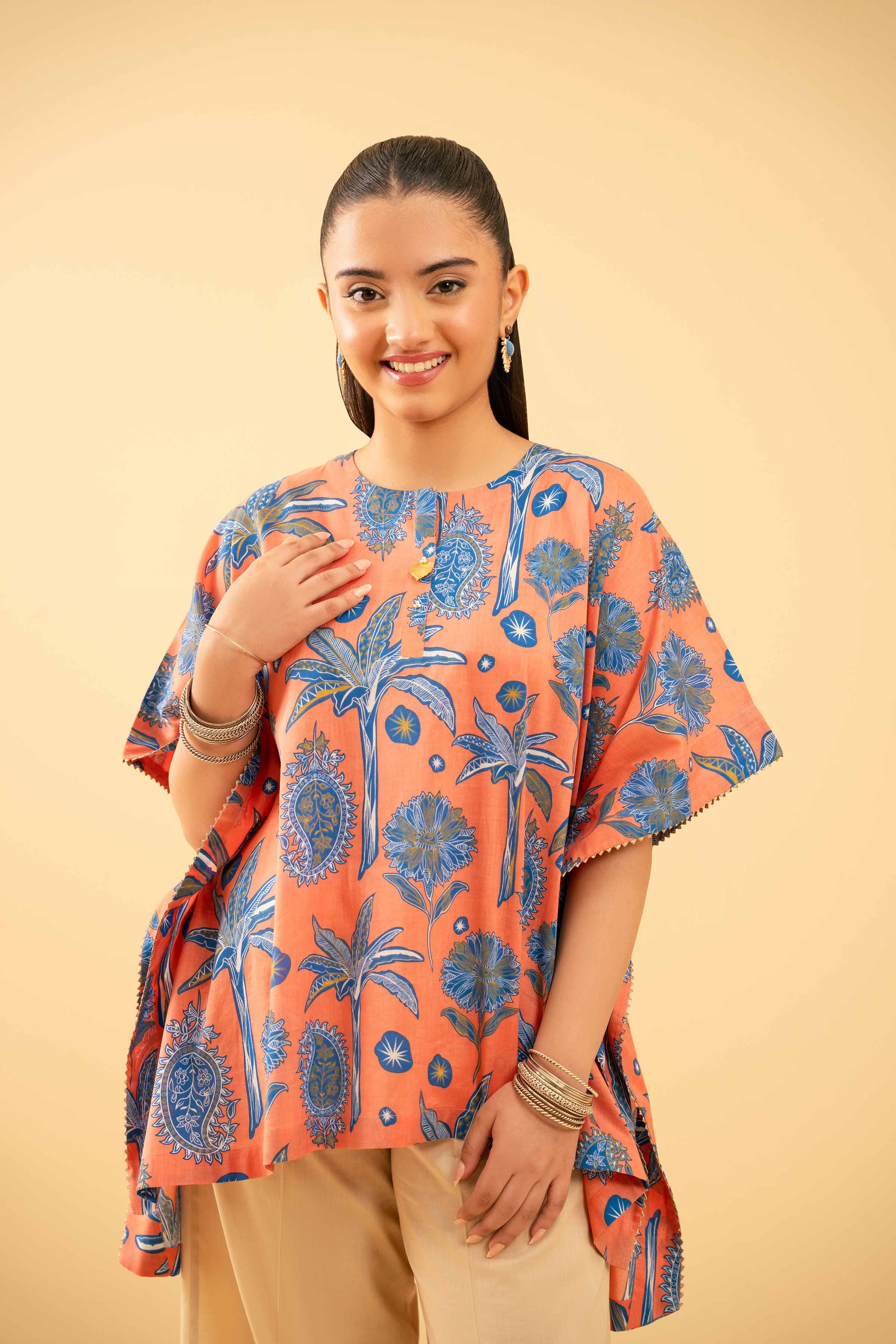 NishatUK - Peach Printed Lawn 1-piece ready to wear Kaftan