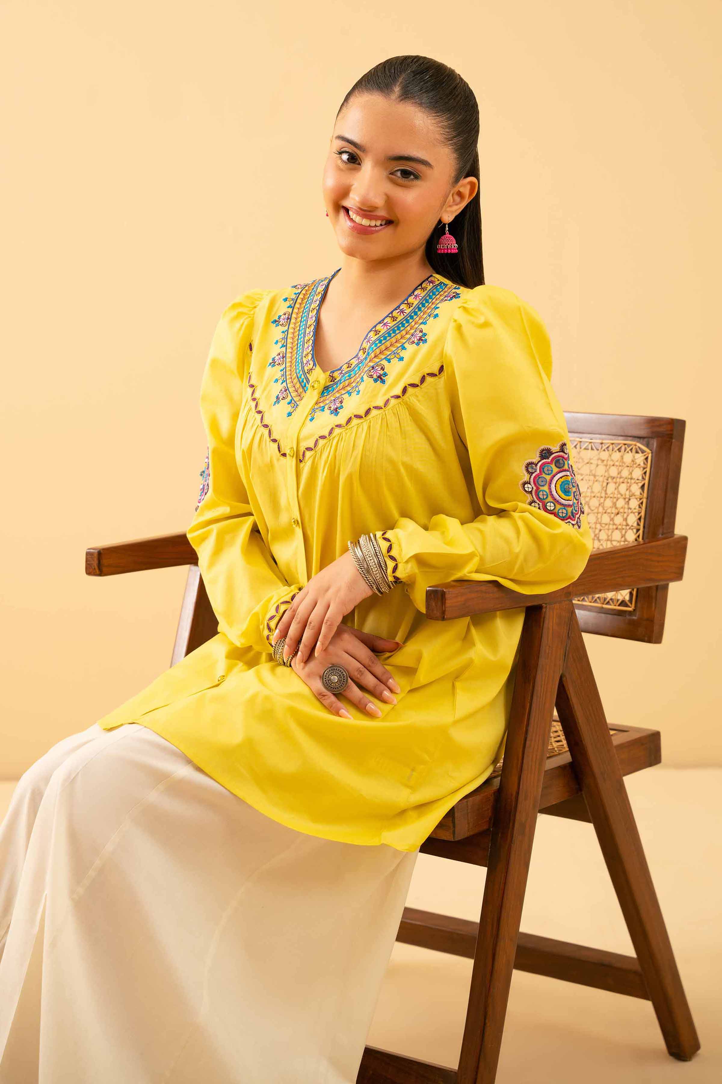 NishatUK - Yellow Embroidered Cambric 1-piece ready to wear Shirt