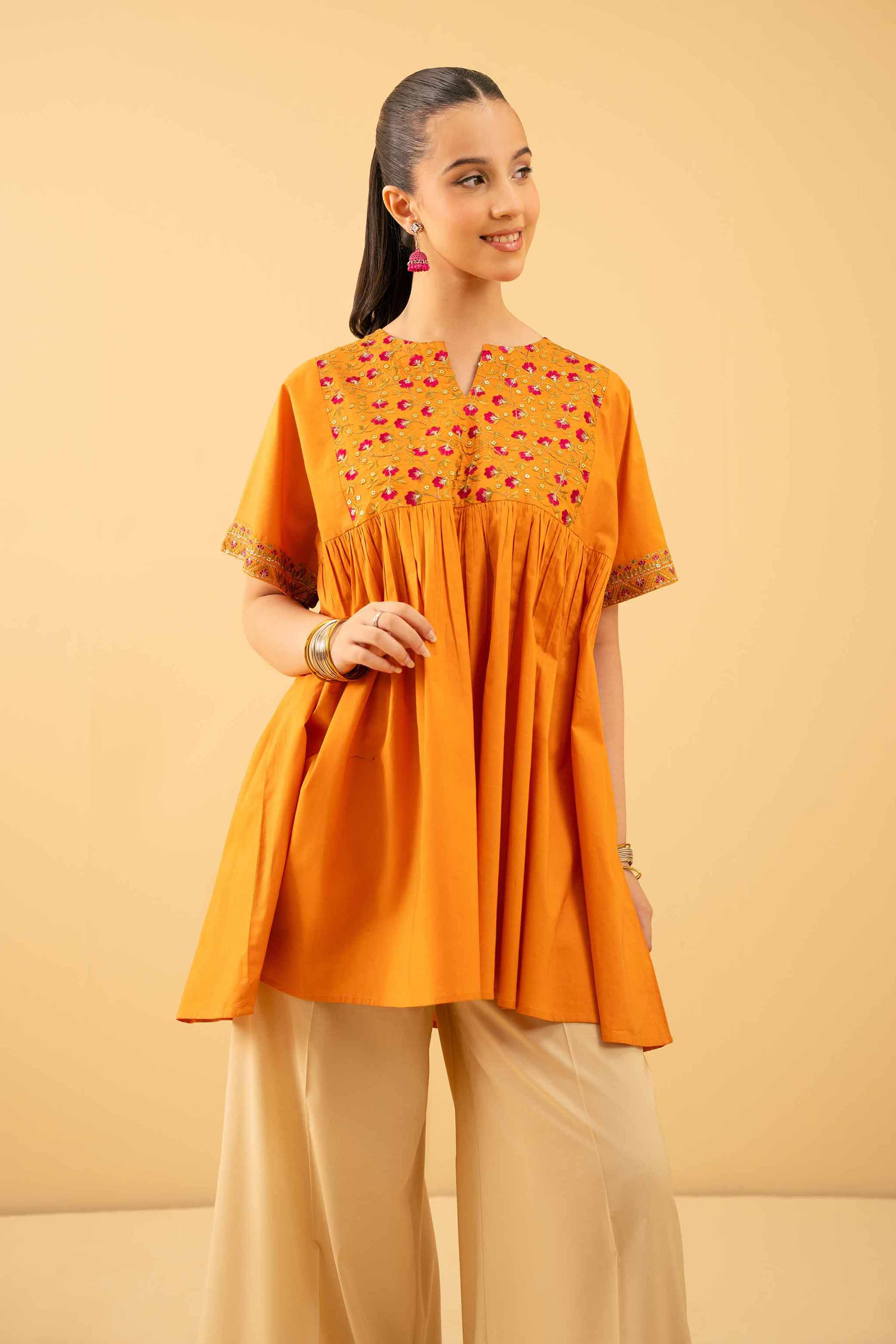 NishatUK - Orange Embroidered Cambric 1-piece ready to wear Tunic