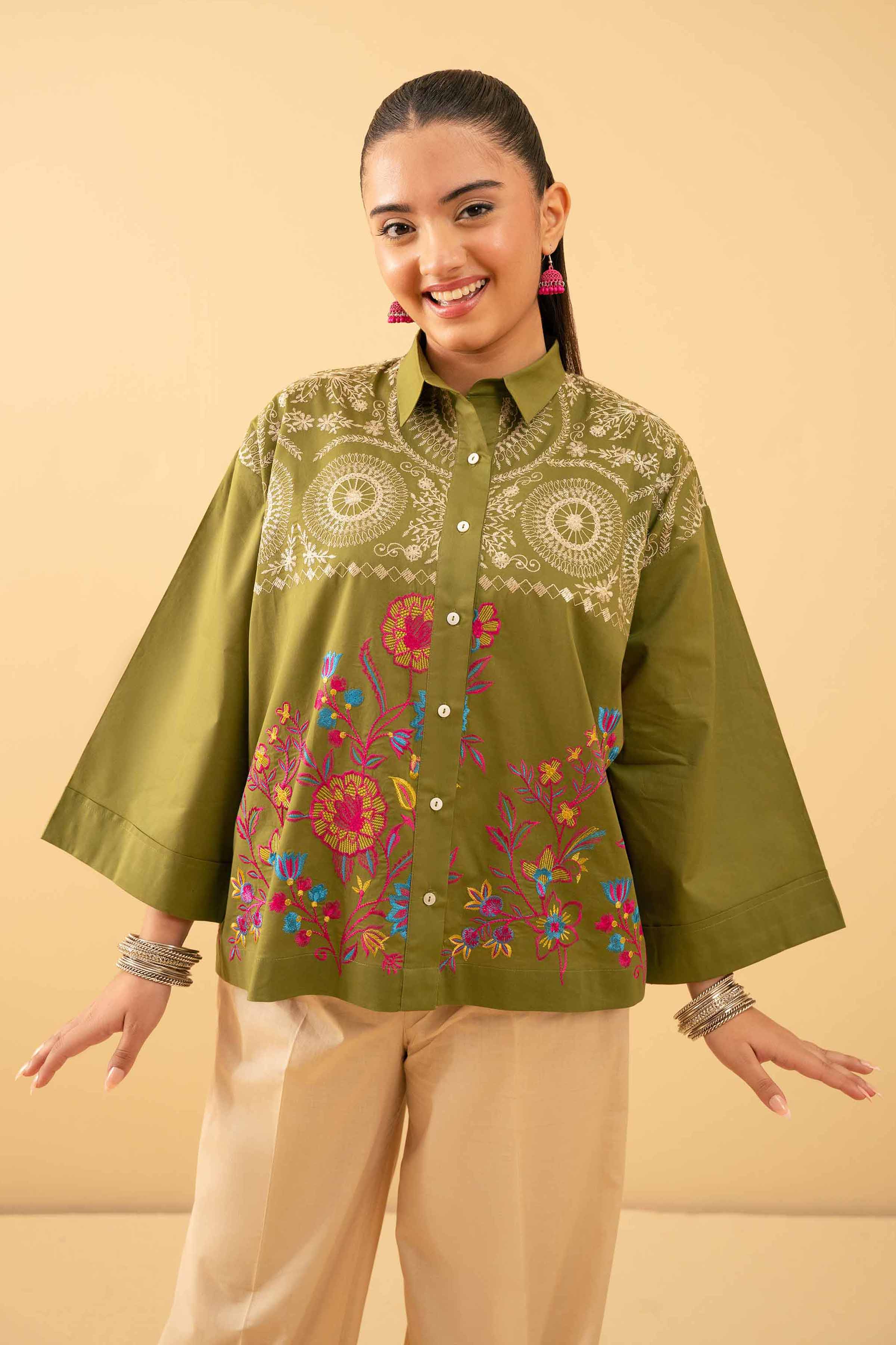 NishatUK - Green Embroidered Cambric 1-piece ready to wear Tunic