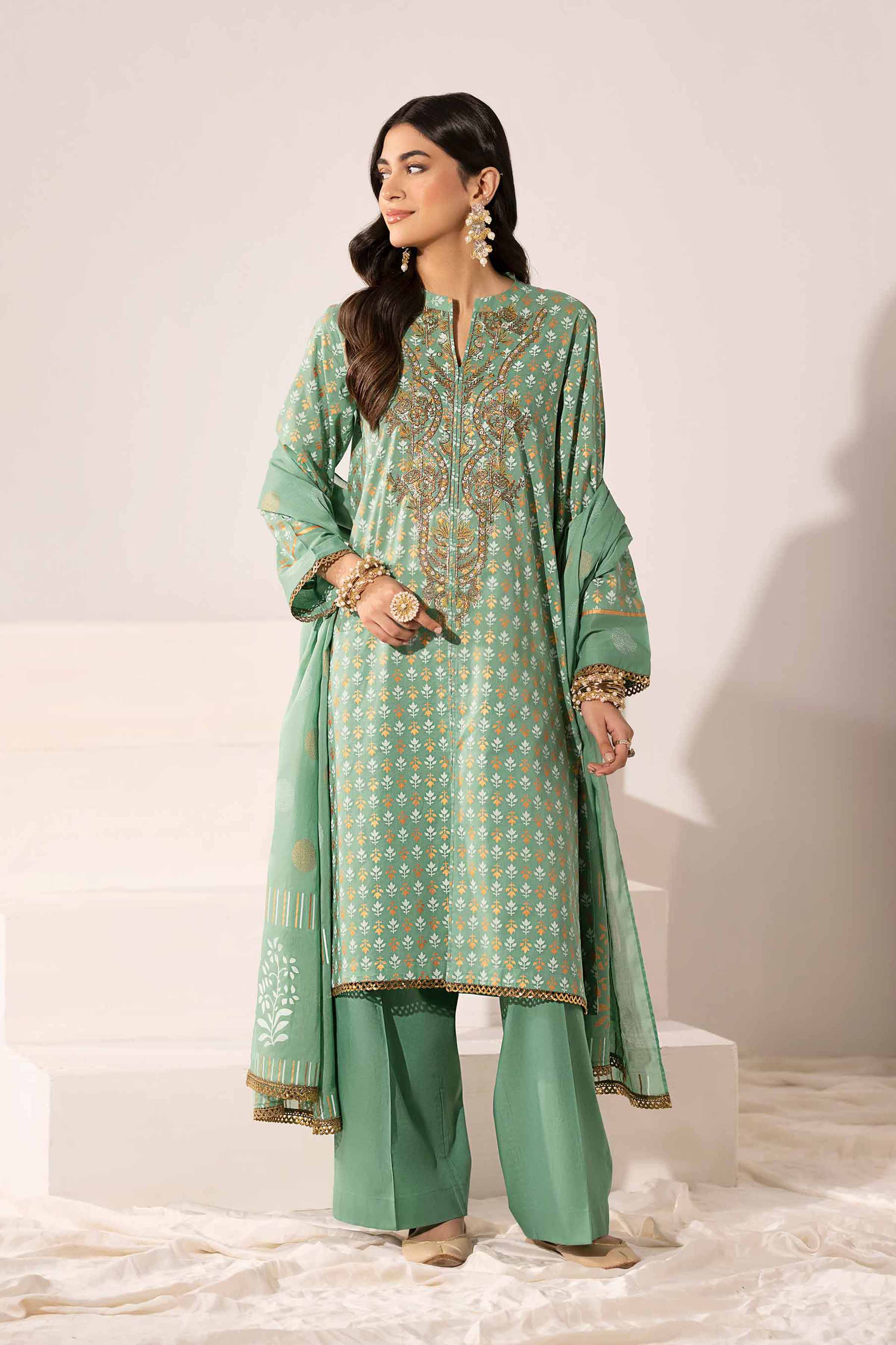 NishatUK - Green Embroidered Lawn 3-piece ready to wear Suit