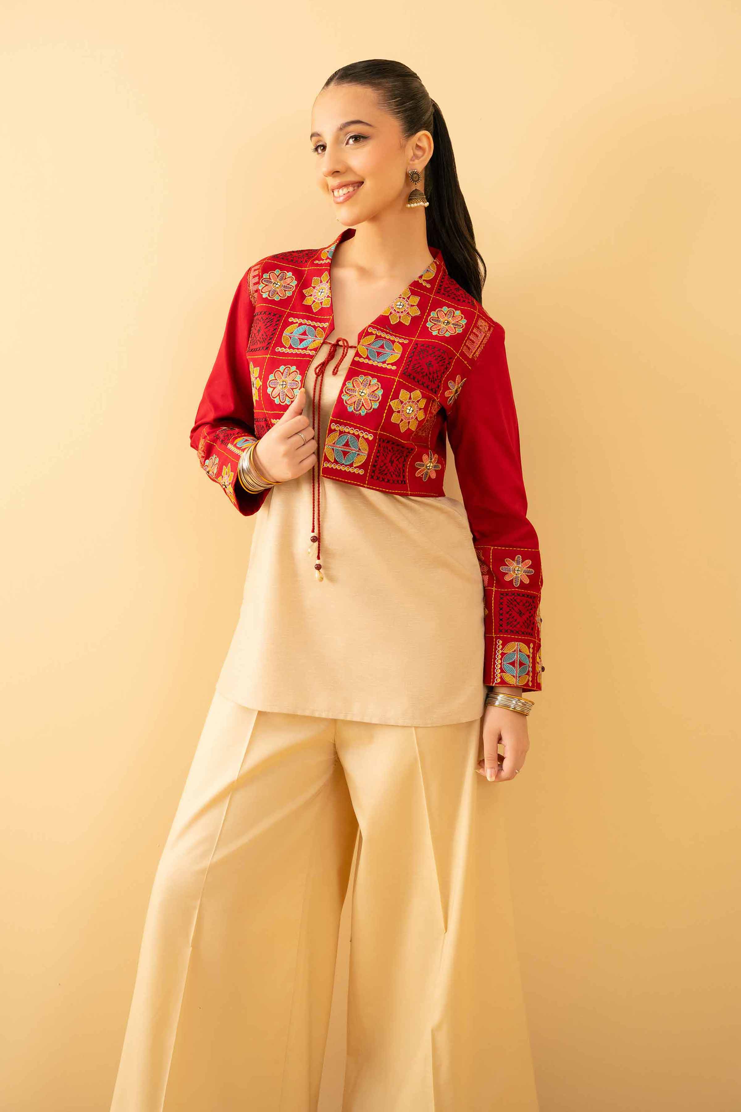NishatUK - Red Embroidered Cambric 1-piece ready to wear Jacket