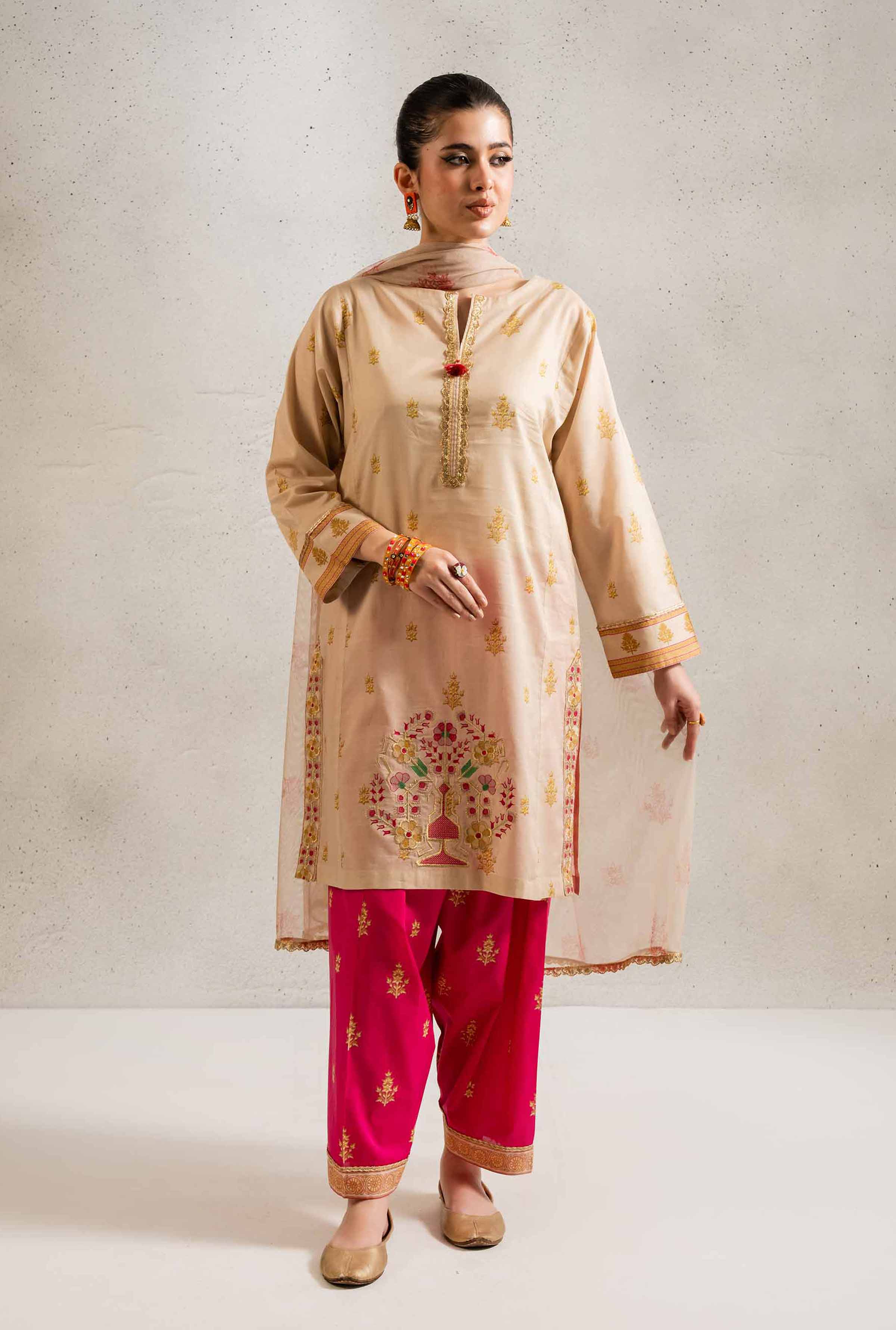 NishatUK - Beige Embroidered Lawn 3-piece ready to wear Suit