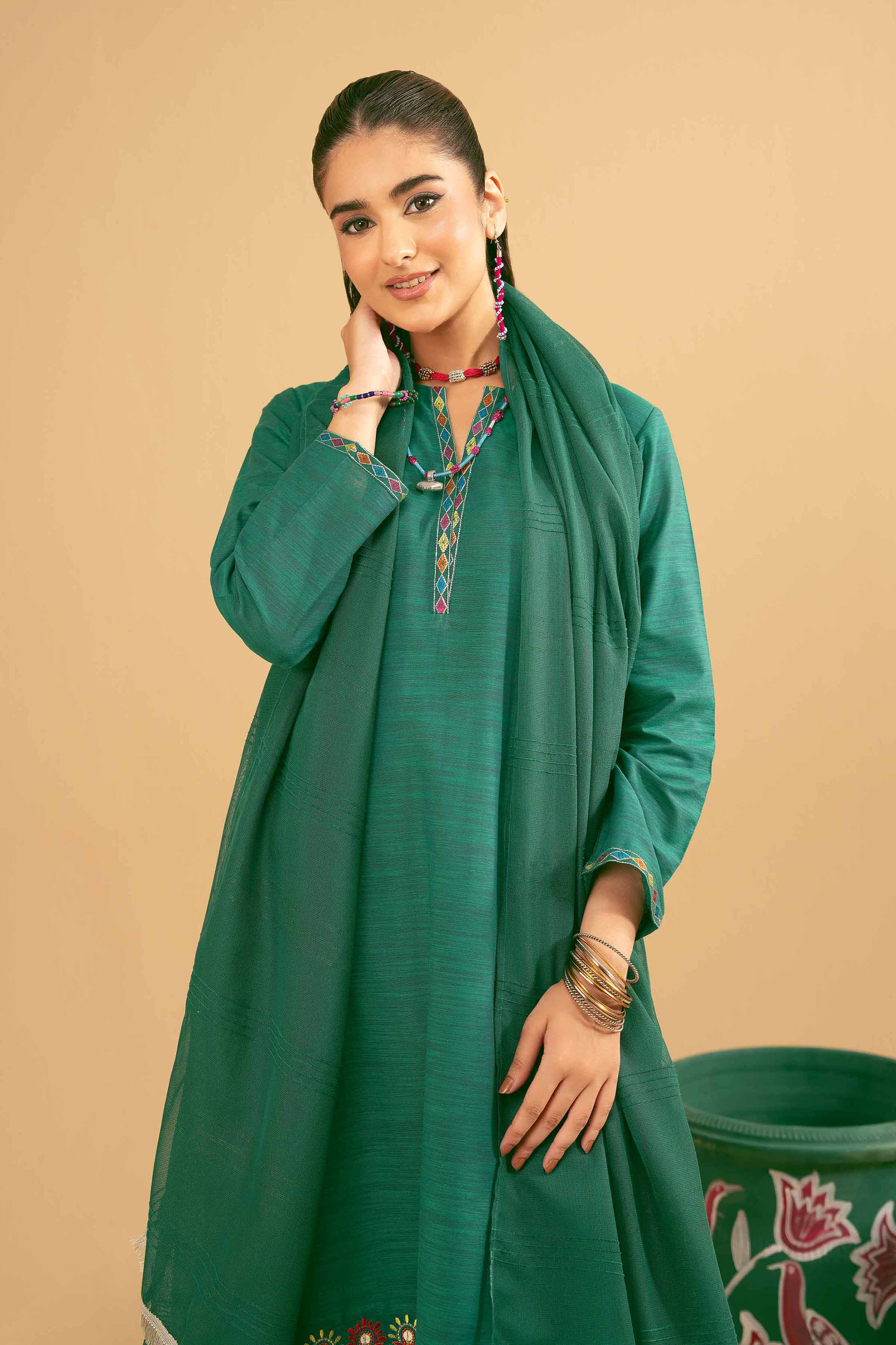 NishatUK - Green Embroidered Yarn Dyed 3-piece ready to wear Suit