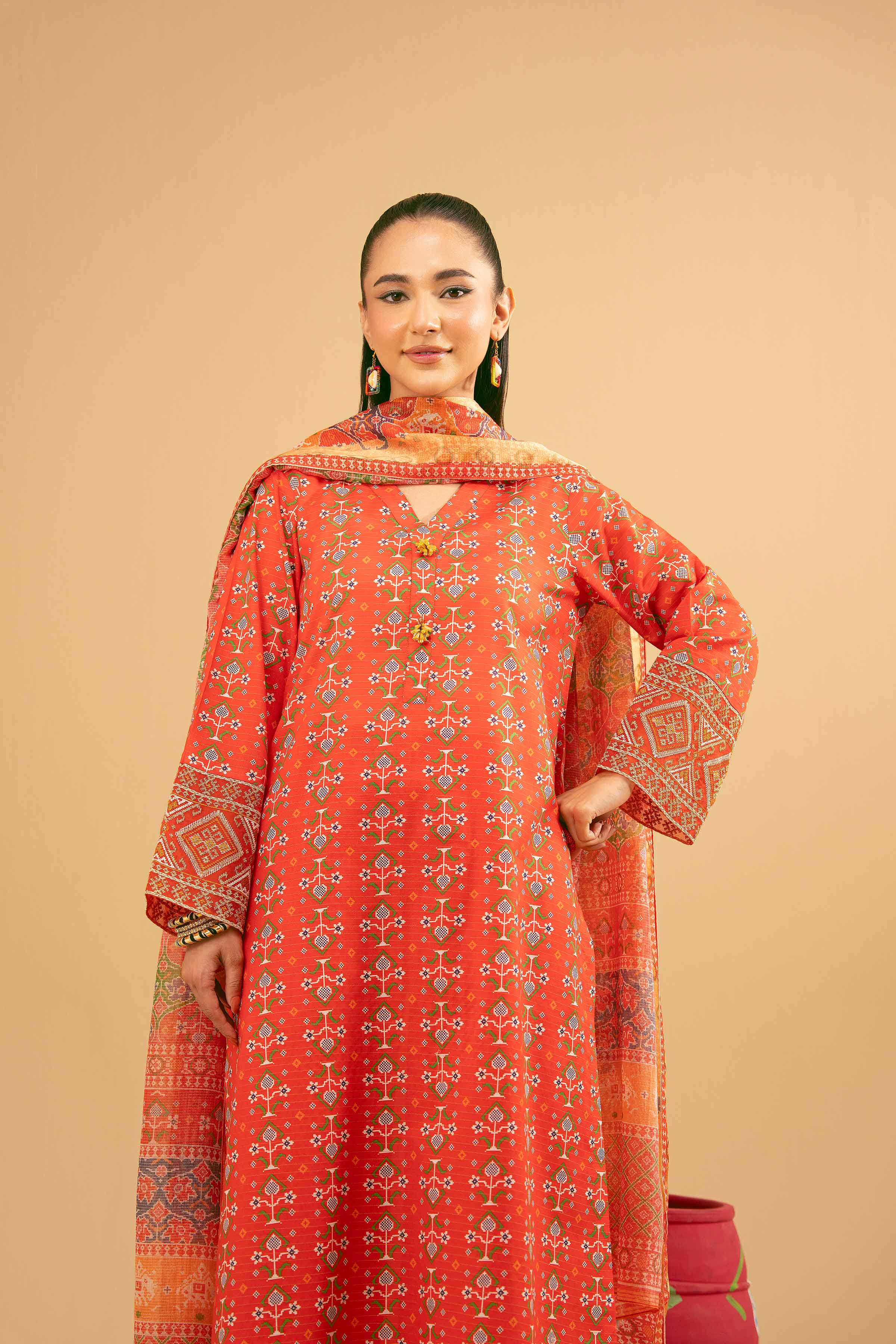 NishatUK - Orange Embroidered Lawn 3-piece ready to wear Suit