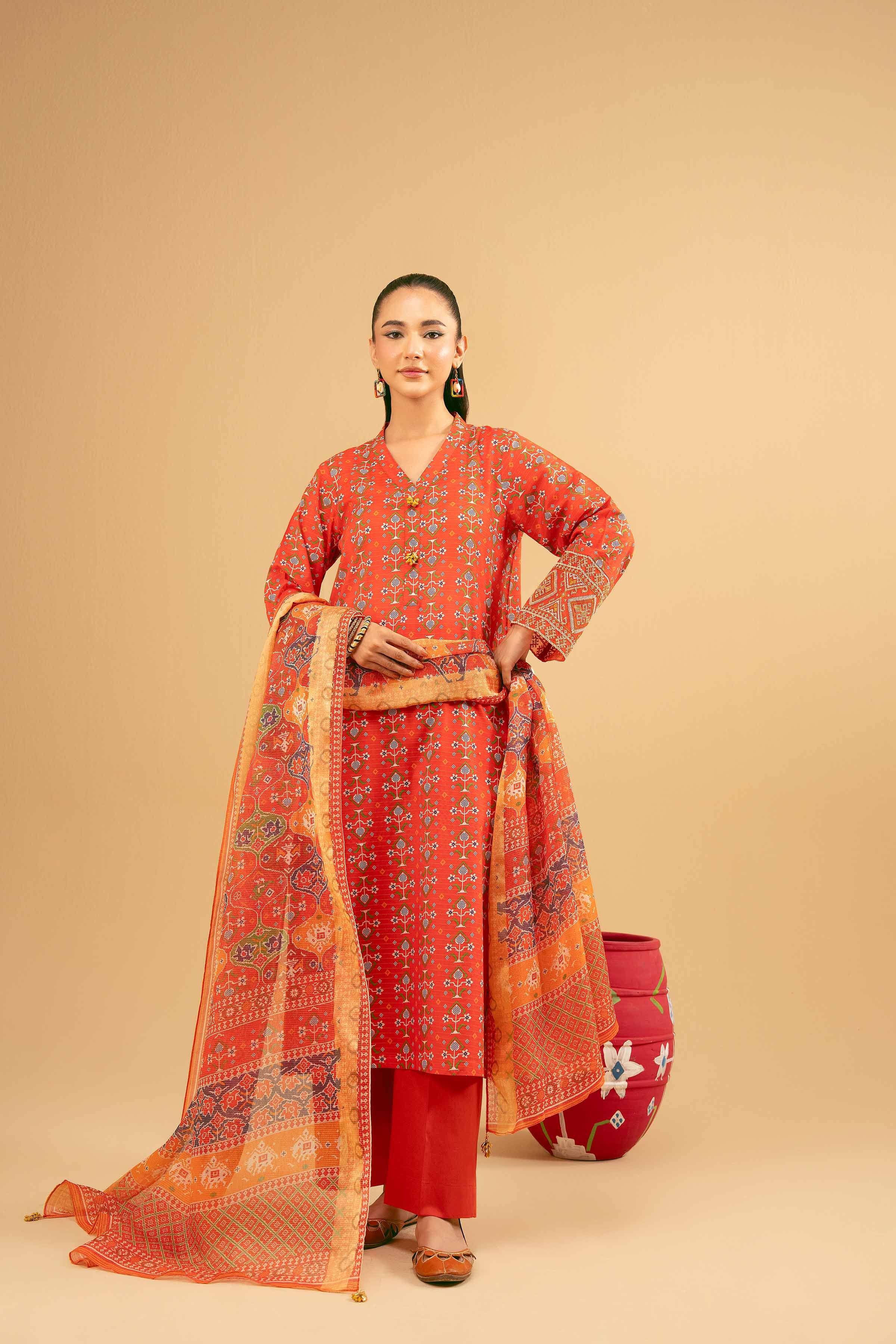 NishatUK - Orange Embroidered Lawn 3-piece ready to wear Suit