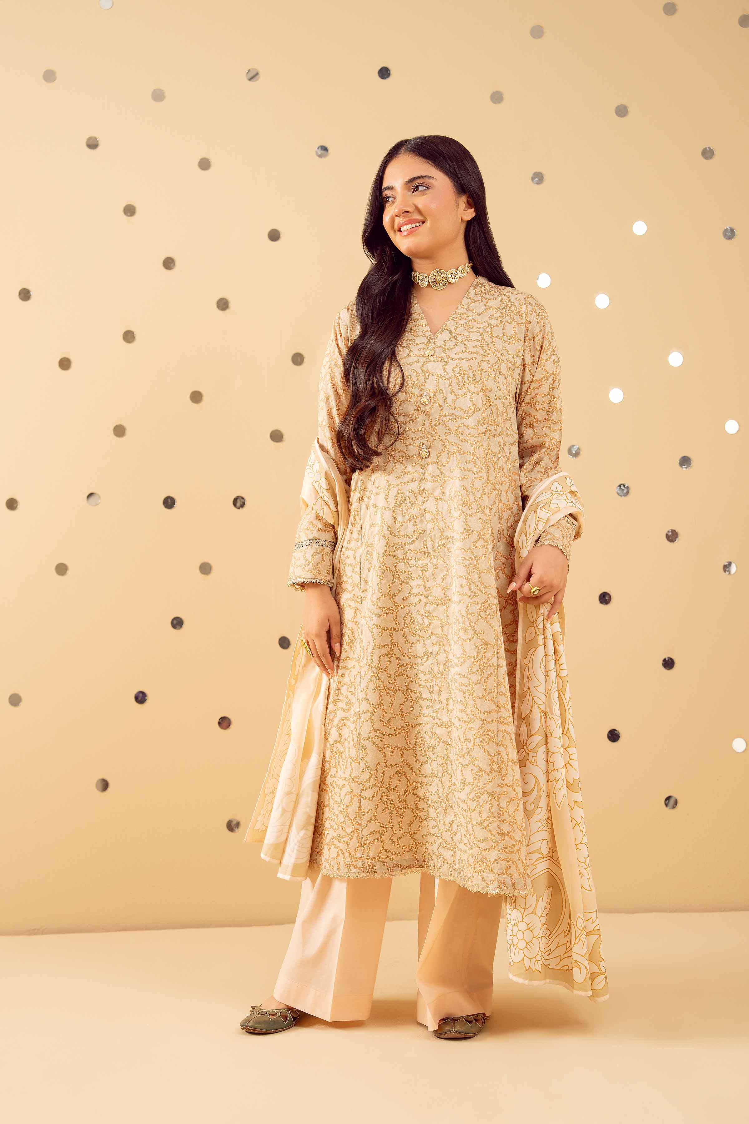 NishatUK - Beige Printed Lawn 3-piece ready to wear Suit