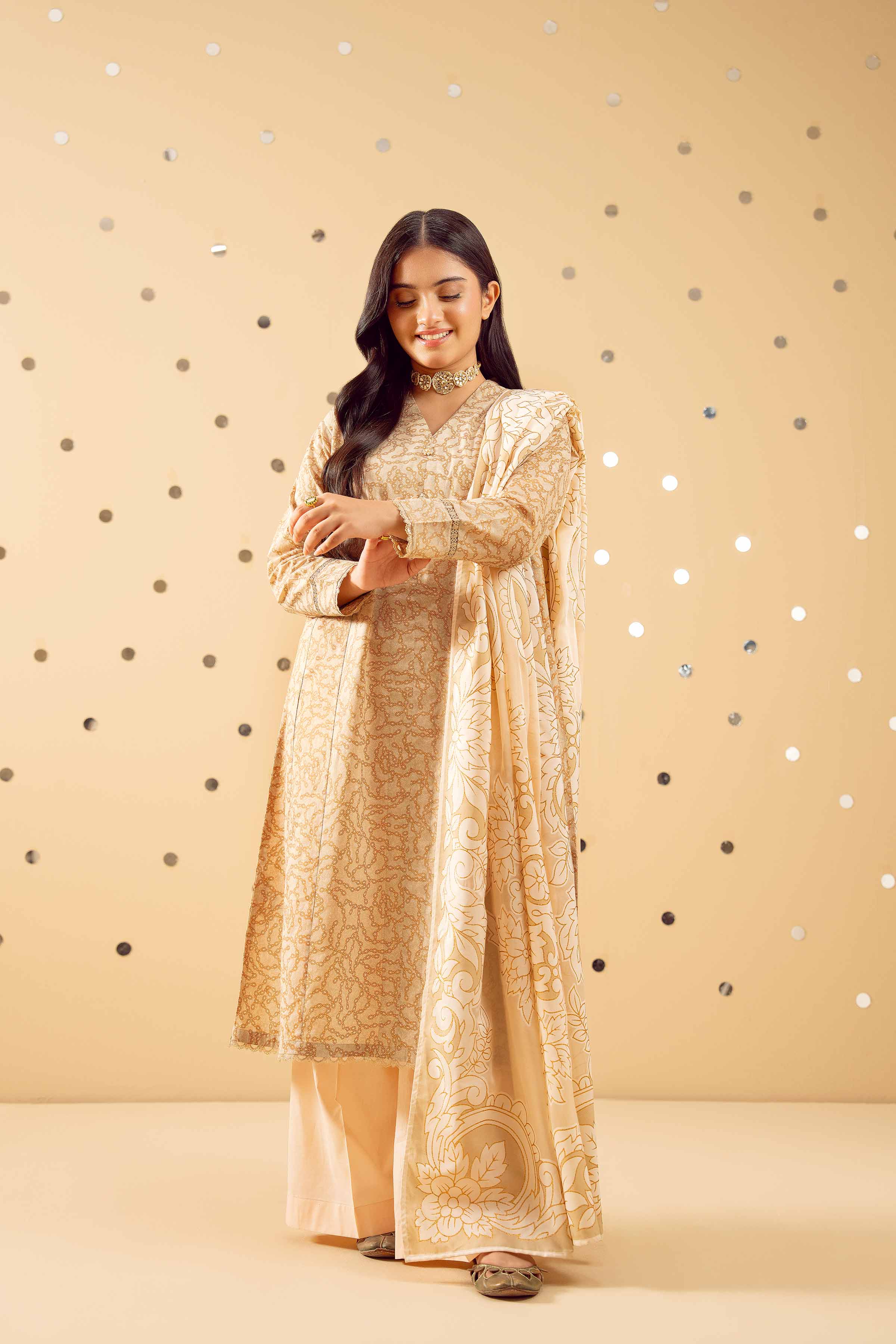 NishatUK - Beige Printed Lawn 3-piece ready to wear Suit