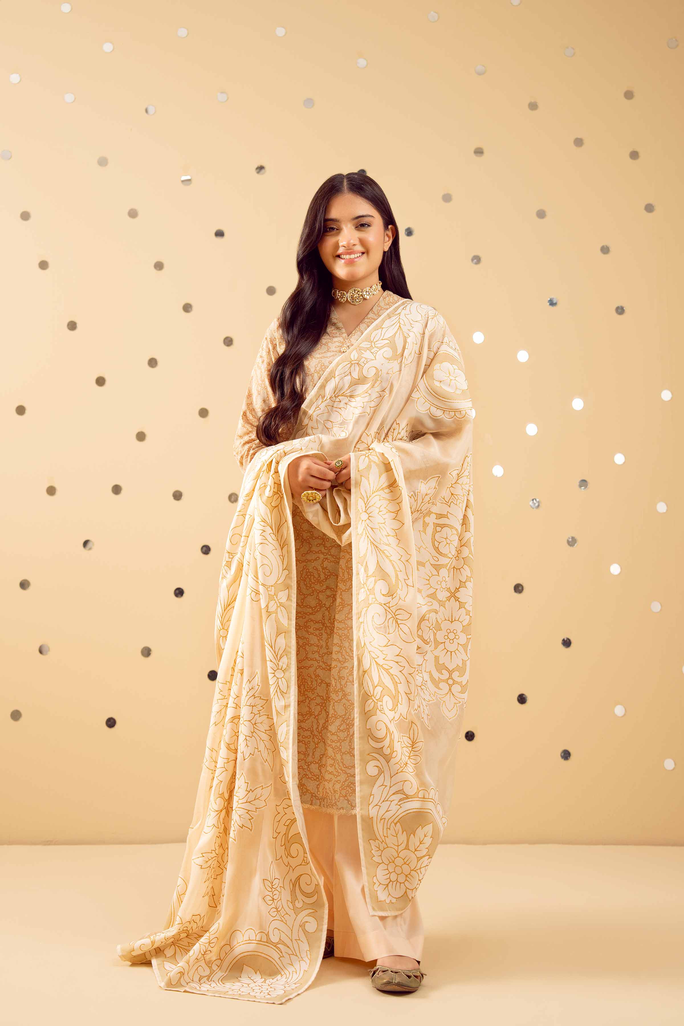 NishatUK - Beige Printed Lawn 3-piece ready to wear Suit