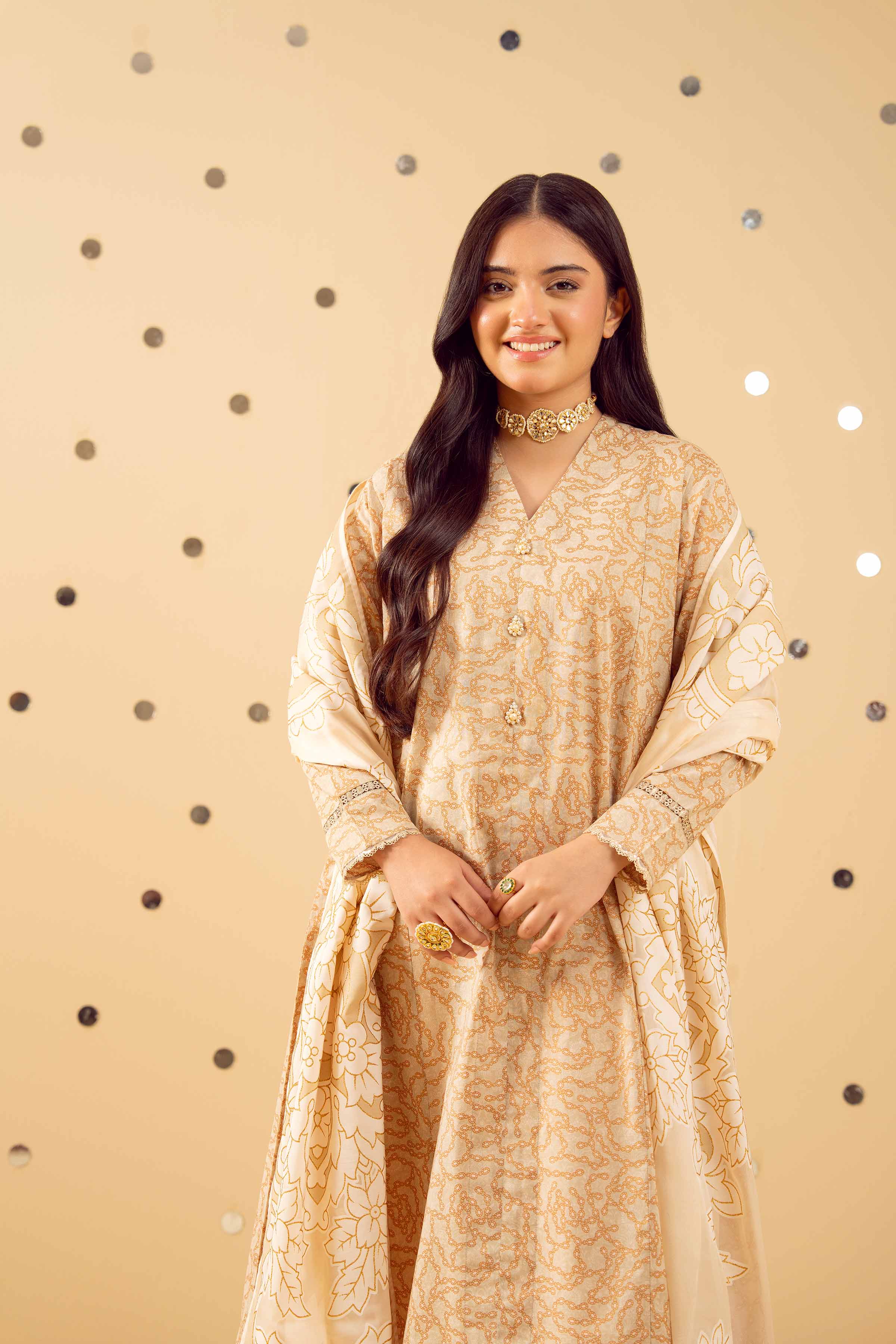 NishatUK - Beige Printed Lawn 3-piece ready to wear Suit