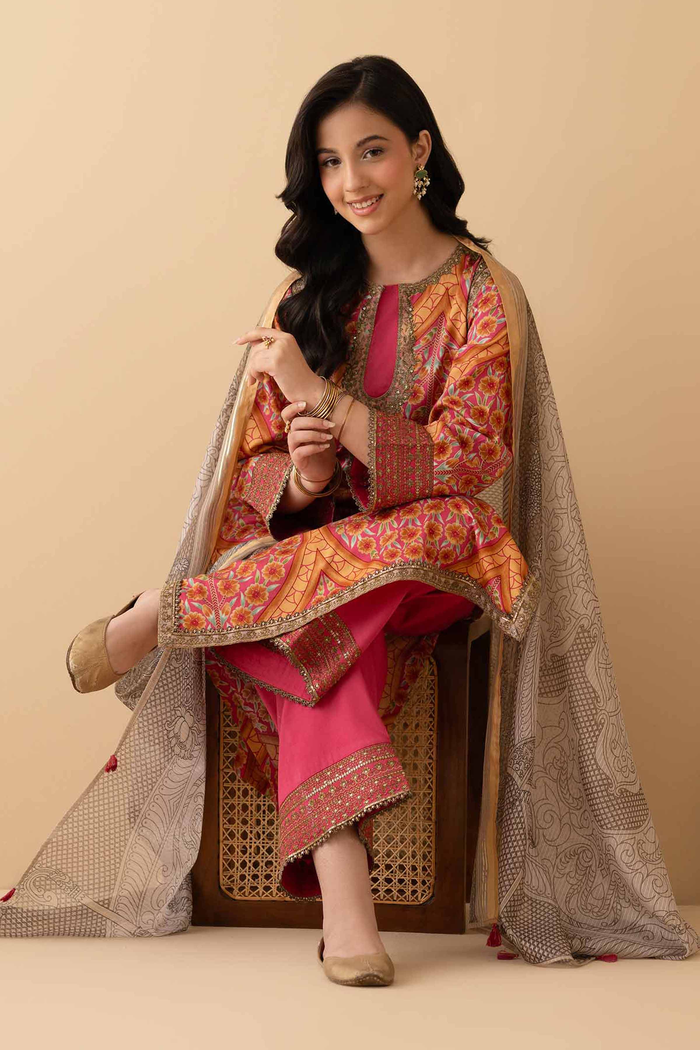 NishatUK - Pink Embroidered Satin 3-piece ready to wear Suit