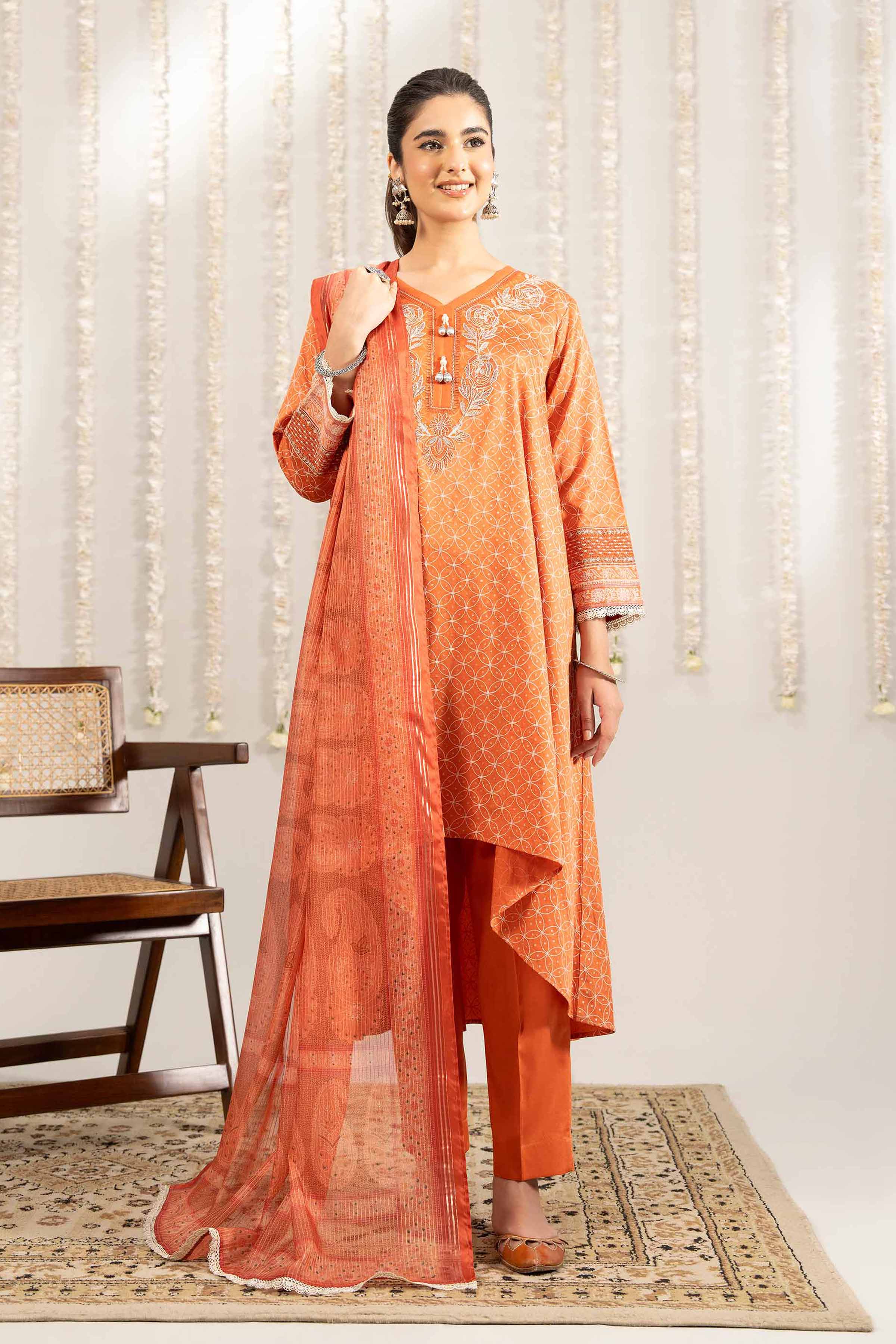 Nishat UK - Orange Embroidered Satin 3 Pieces ready to wear Suit