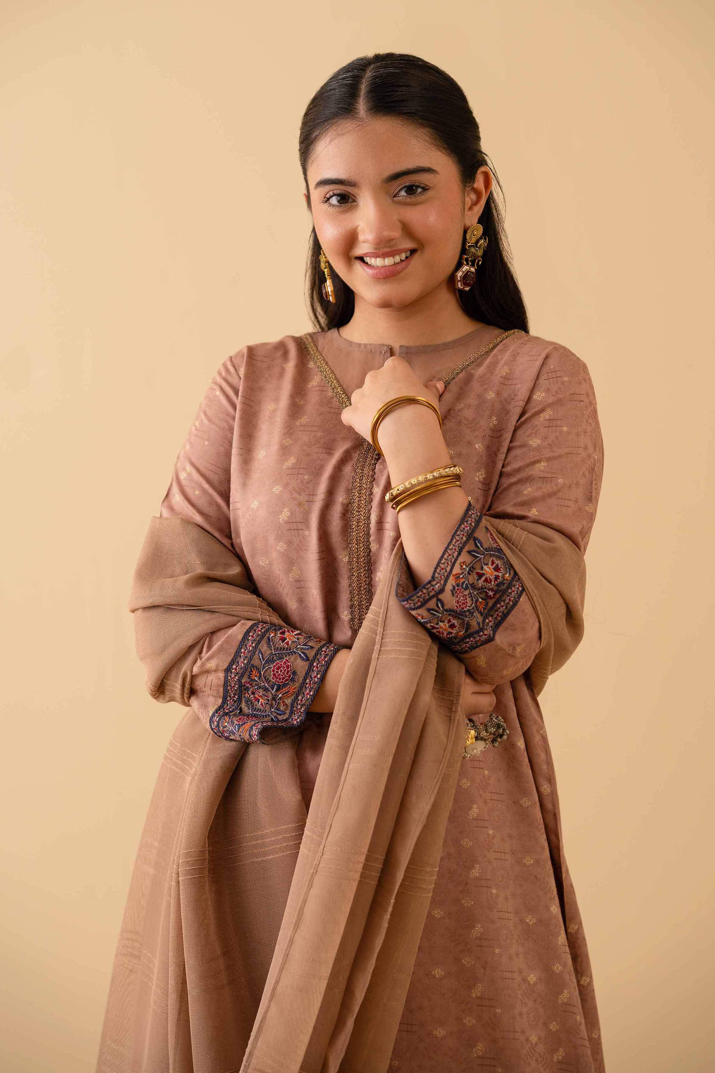 NishatUK - Brown Embroidered Jacquard 2-piece ready to wear Dress