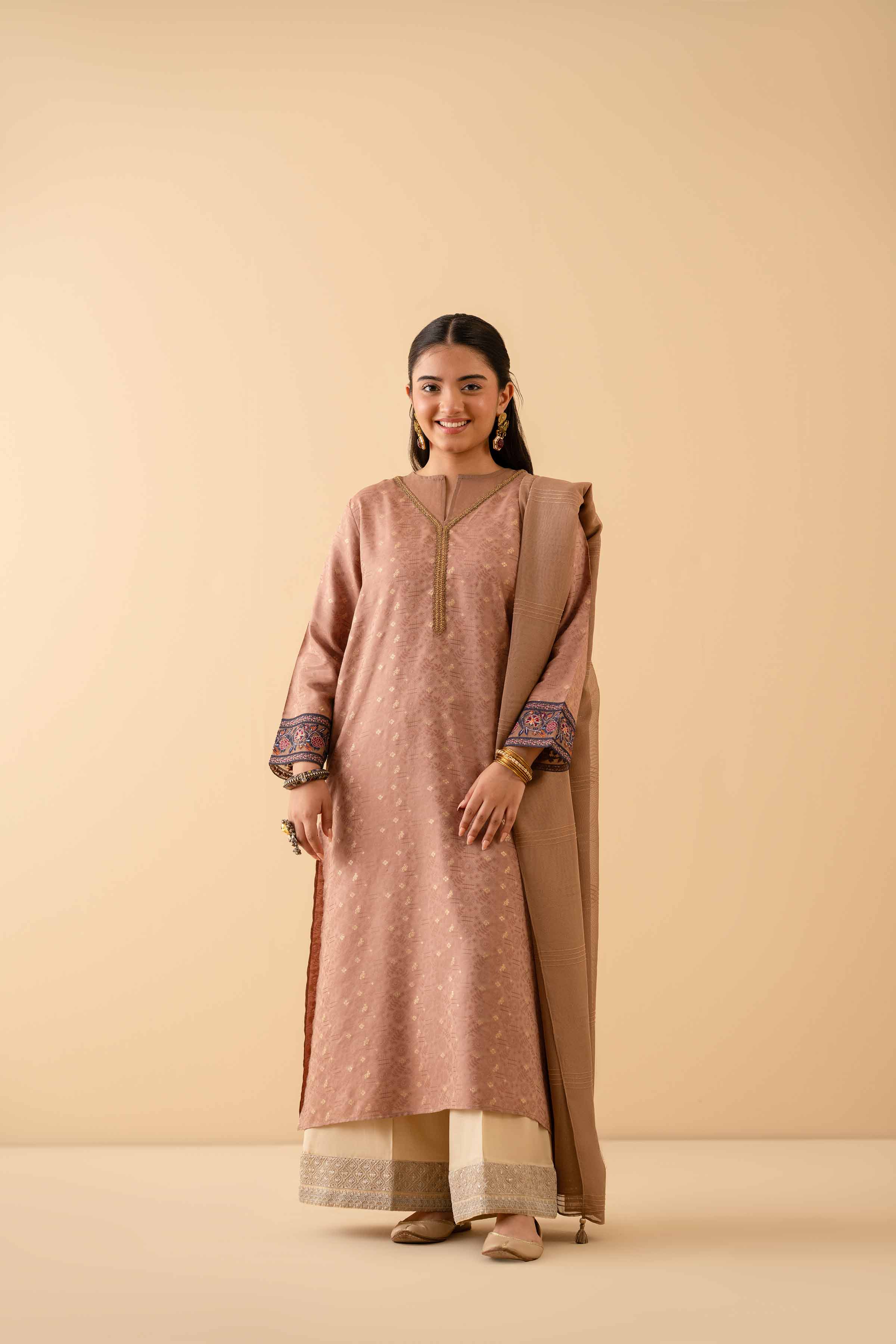 NishatUK - Brown Embroidered Jacquard 2-piece ready to wear Dress