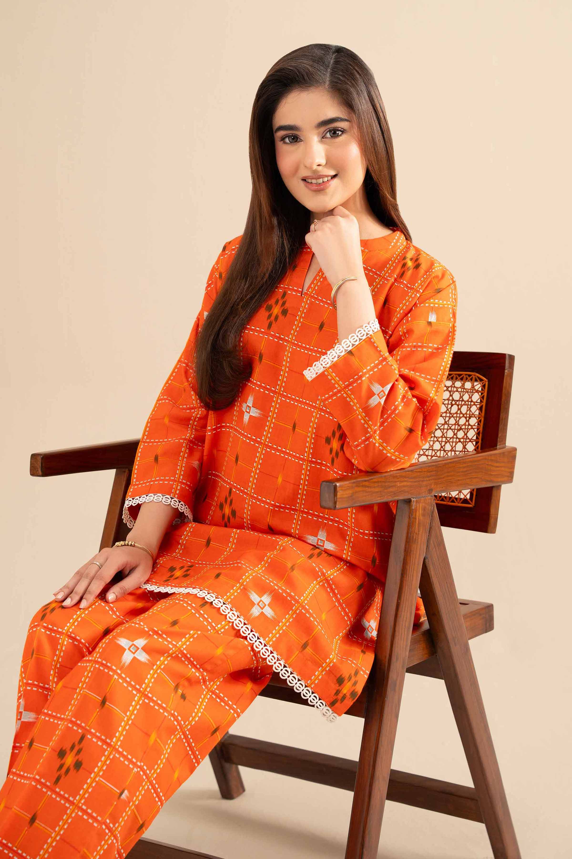 NishatUK - Orange Printed Cotton 2-piece ready to wear Dress