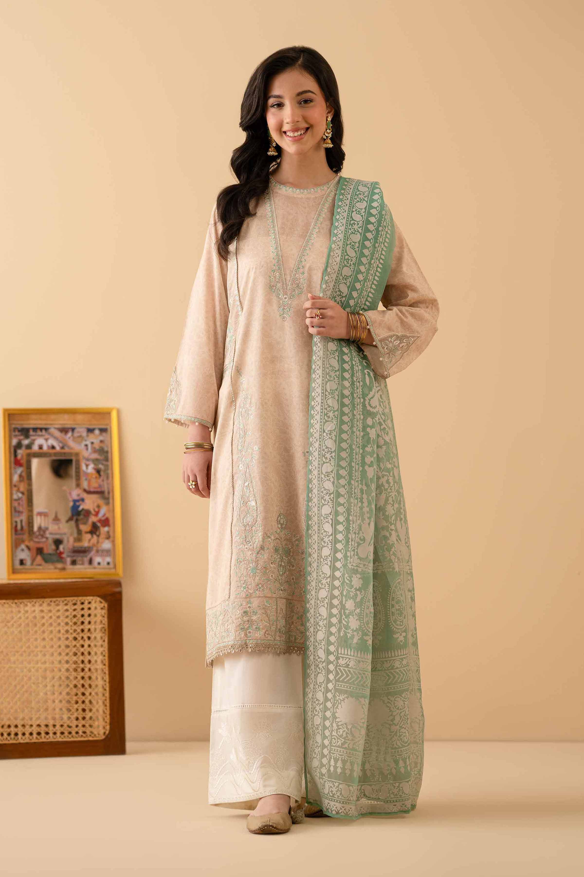 NishatUK - Beige Embroidered Lawn 2-piece ready to wear Dress