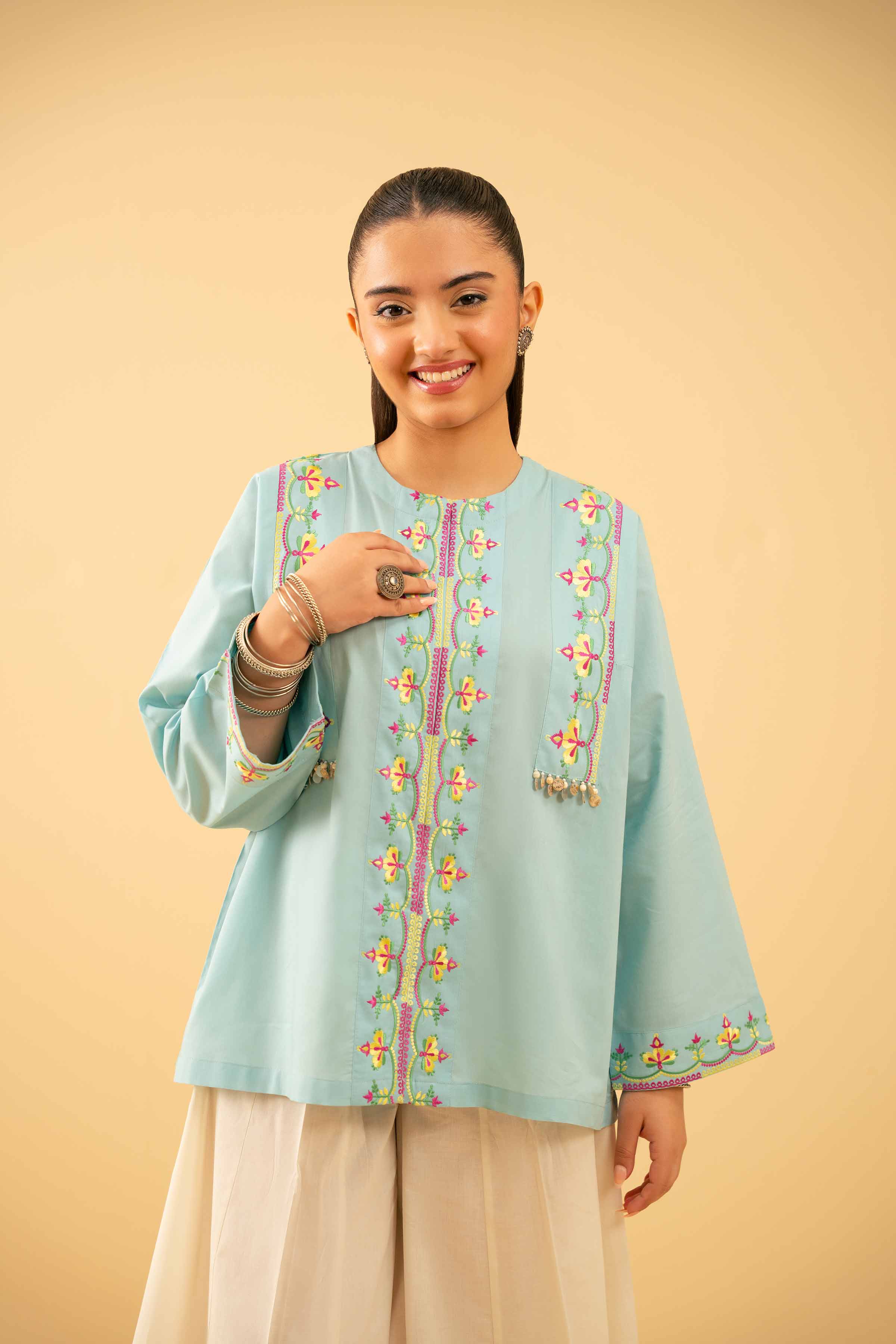 NishatUK - Sky Blue Embroidered Cambric 1-piece ready to wear Tunic