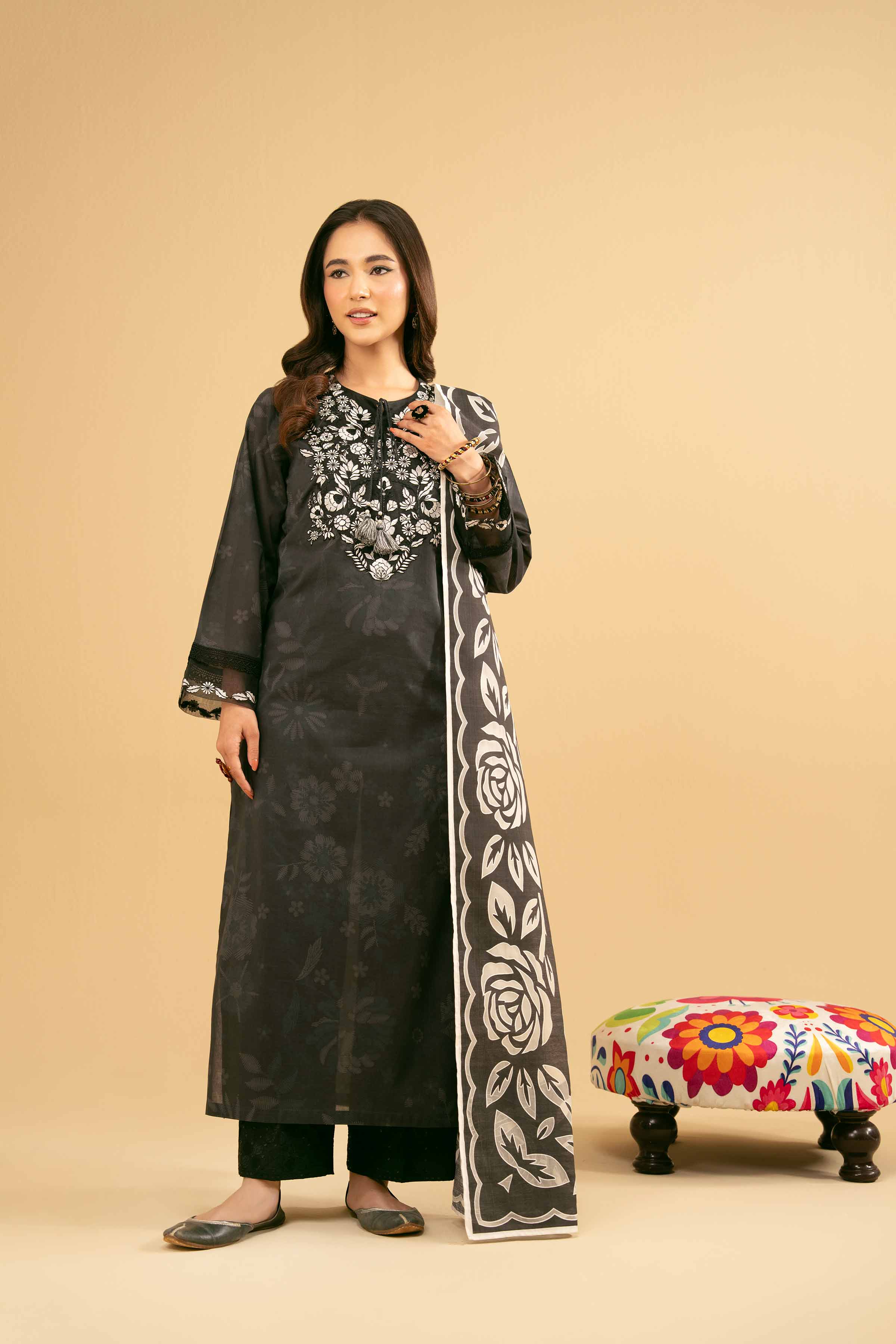 NishatUK - Black Embroidered Lawn 2-piece ready to wear Dress